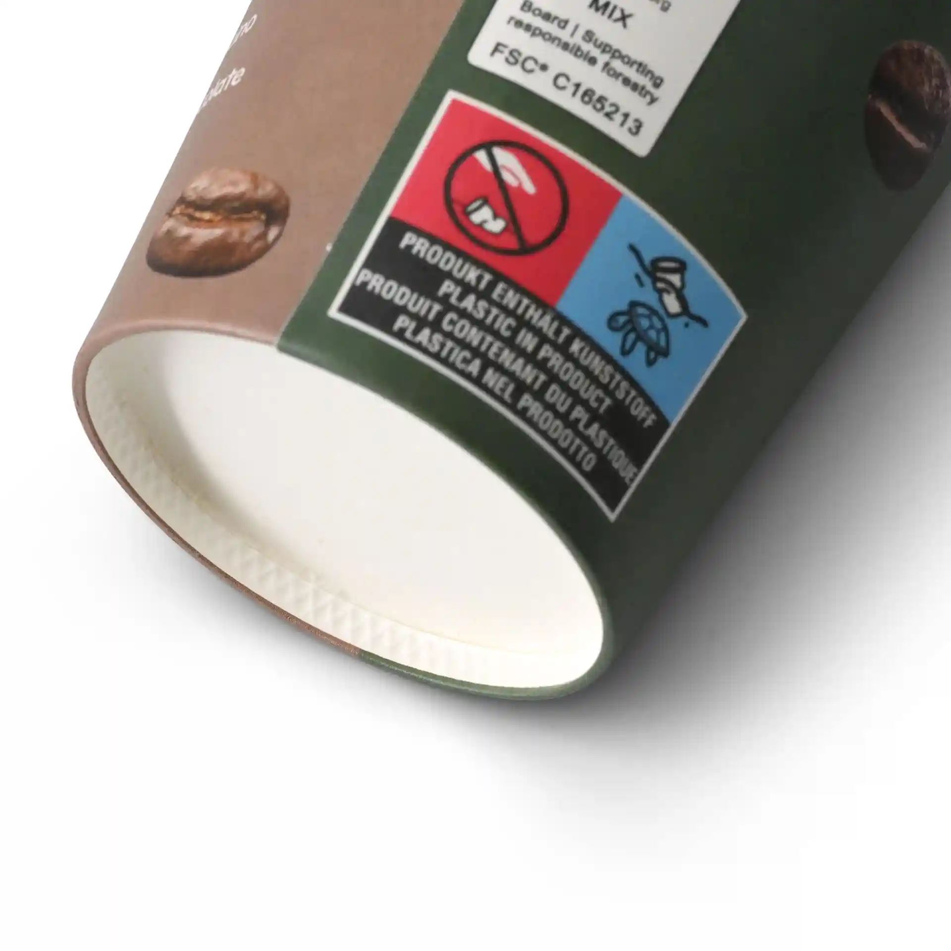 Round 8 oz paper cup with printed design, featuring a white interior and visible labels on the exterior.