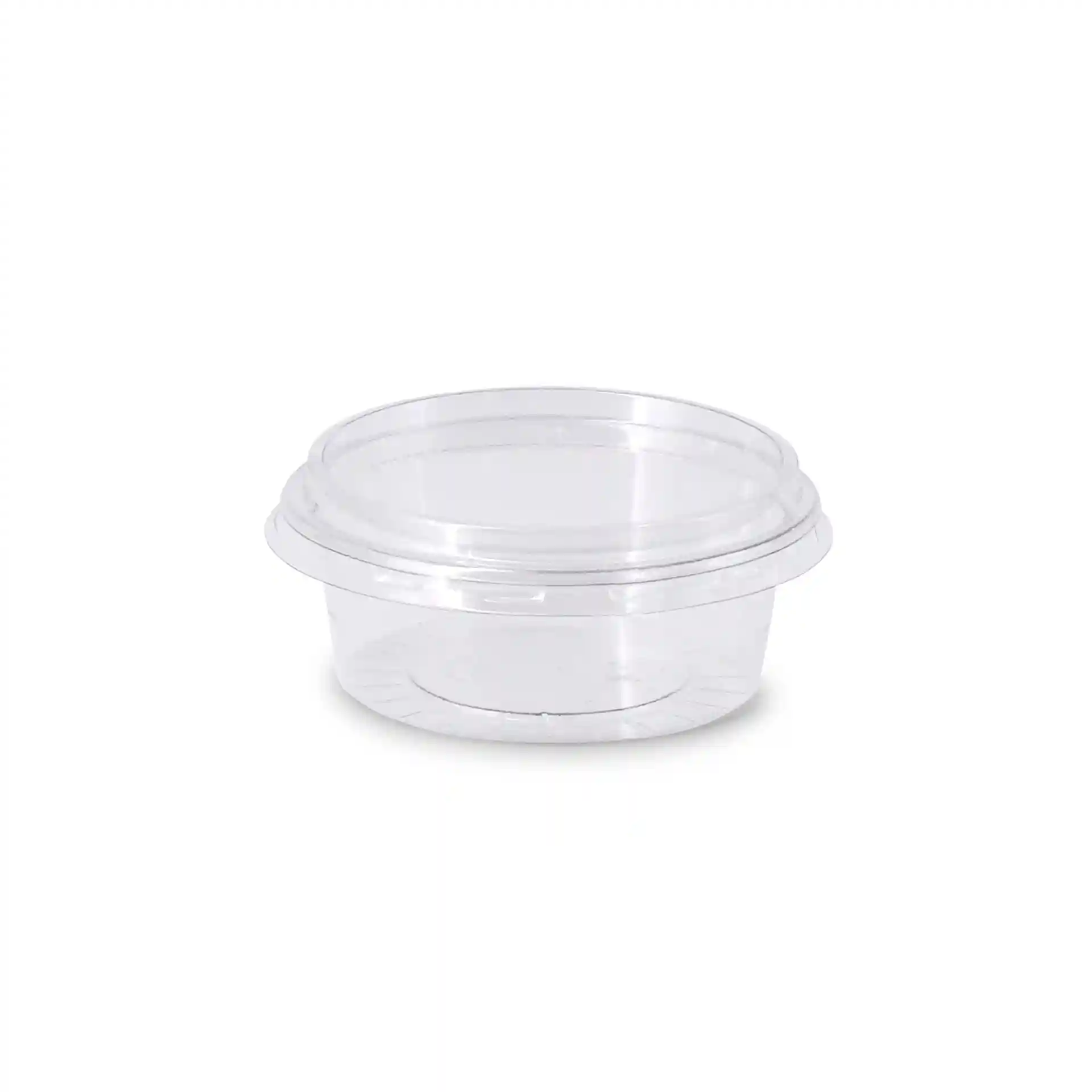 Clear round dip pot with a diameter of 75 mm and a height of 26 mm, made from rPET material.