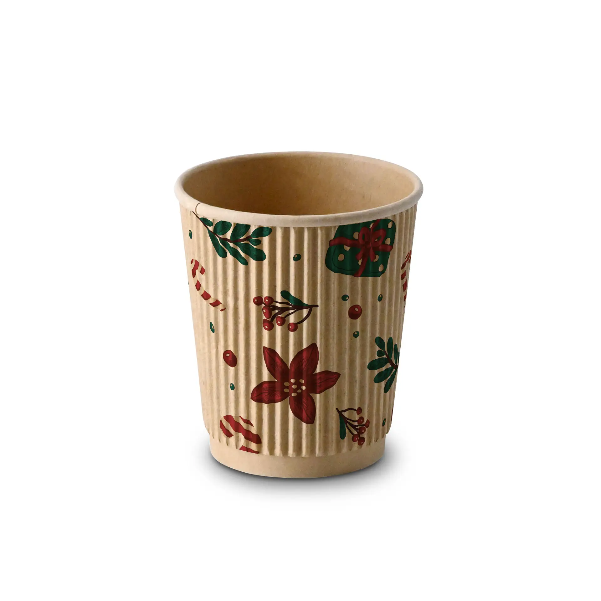 Brown ripple cup with winter design, 200 ml capacity, featuring floral and gift patterns.