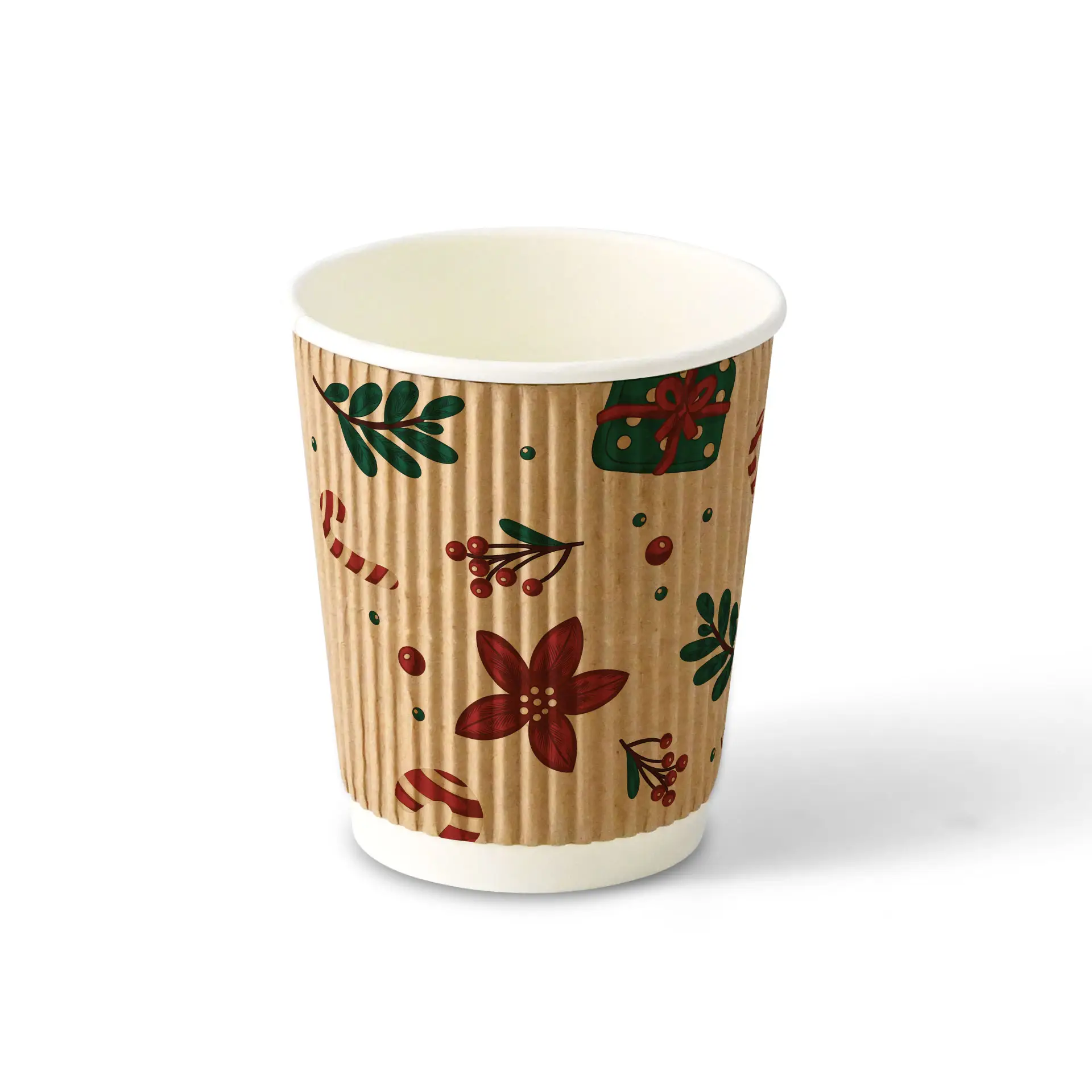 Brown ripple cup with winter design, 200 ml capacity, featuring floral and festive patterns.