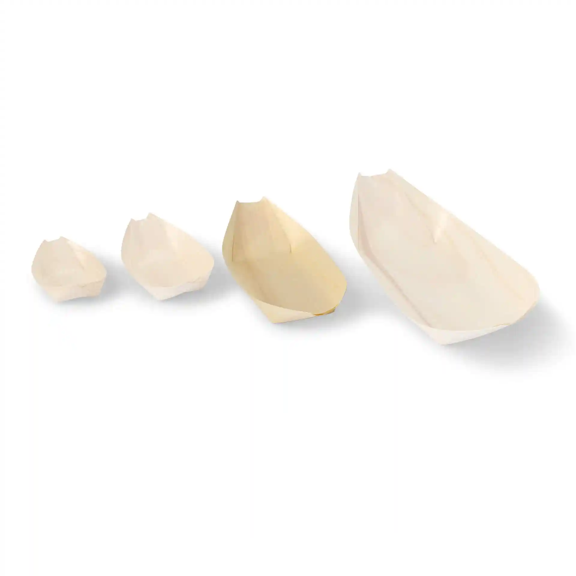 Set of four wooden boat-shaped containers in varying sizes on a white background.