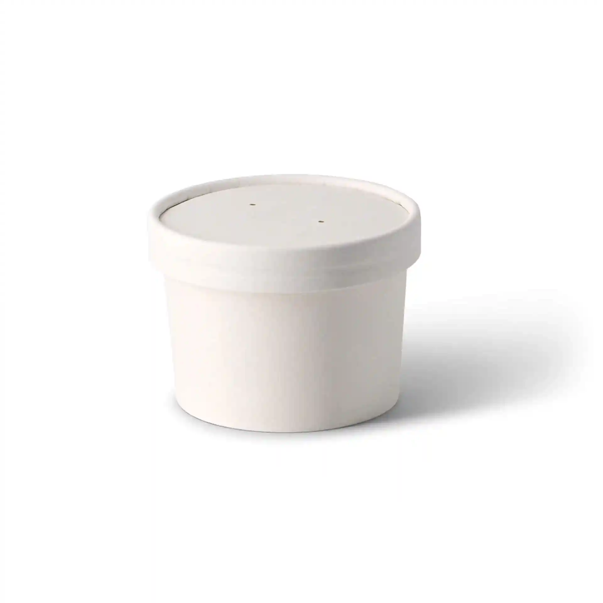 Round white paperboard takeaway soup container with a coated surface and a flat lid.