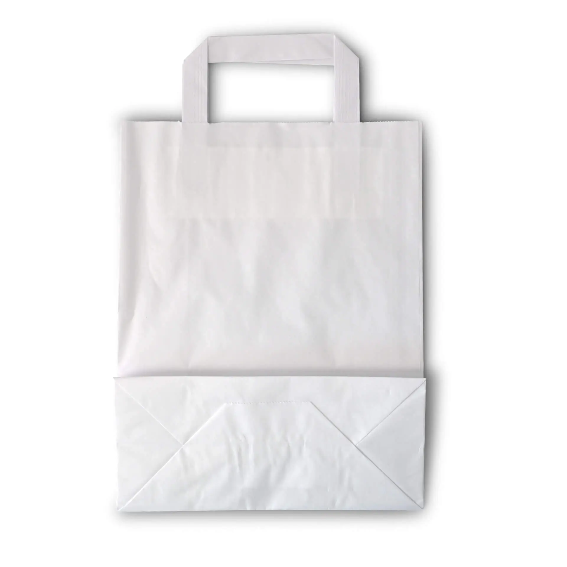 White paper carrier bag; tear-resistant with a flat bottom and open top; designed for shopping and groceries.