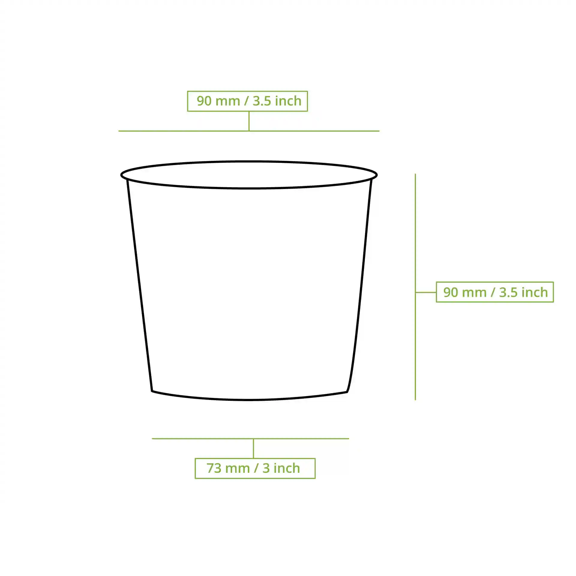 Schematic drawing of a round soup cup with dimensions: height 90 mm, top diameter 90 mm, bottom diameter 73 mm.