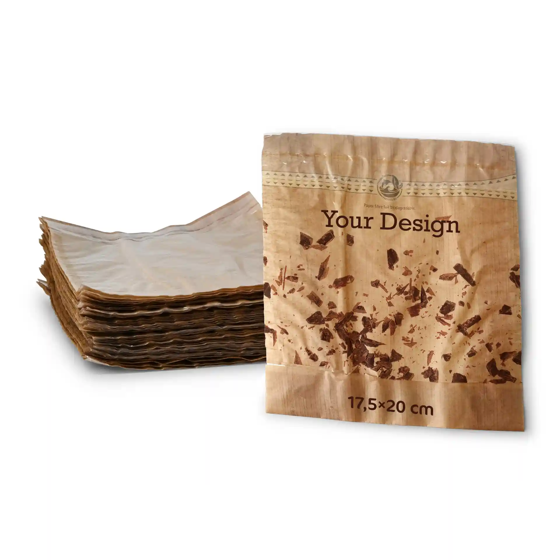 Brown snack bags with a window and adhesive seal, measuring 17.5 x 20 cm, stacked with one bag displayed upright.