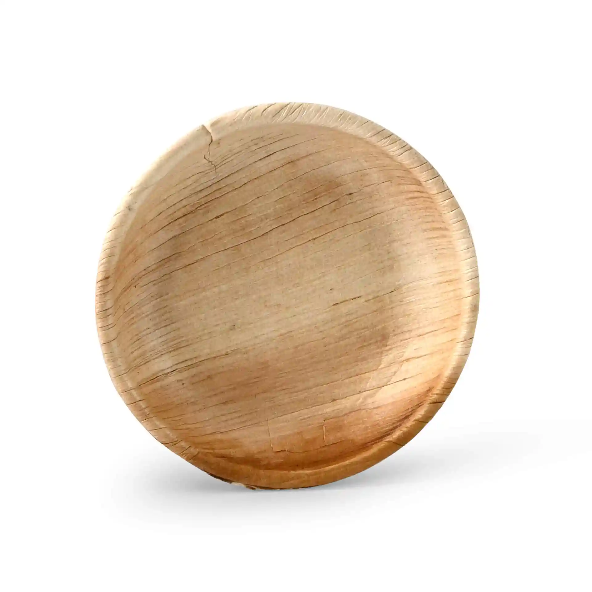 Round palm leaf bowl with a grain texture, measuring 100 mm in diameter and 20 mm in height.