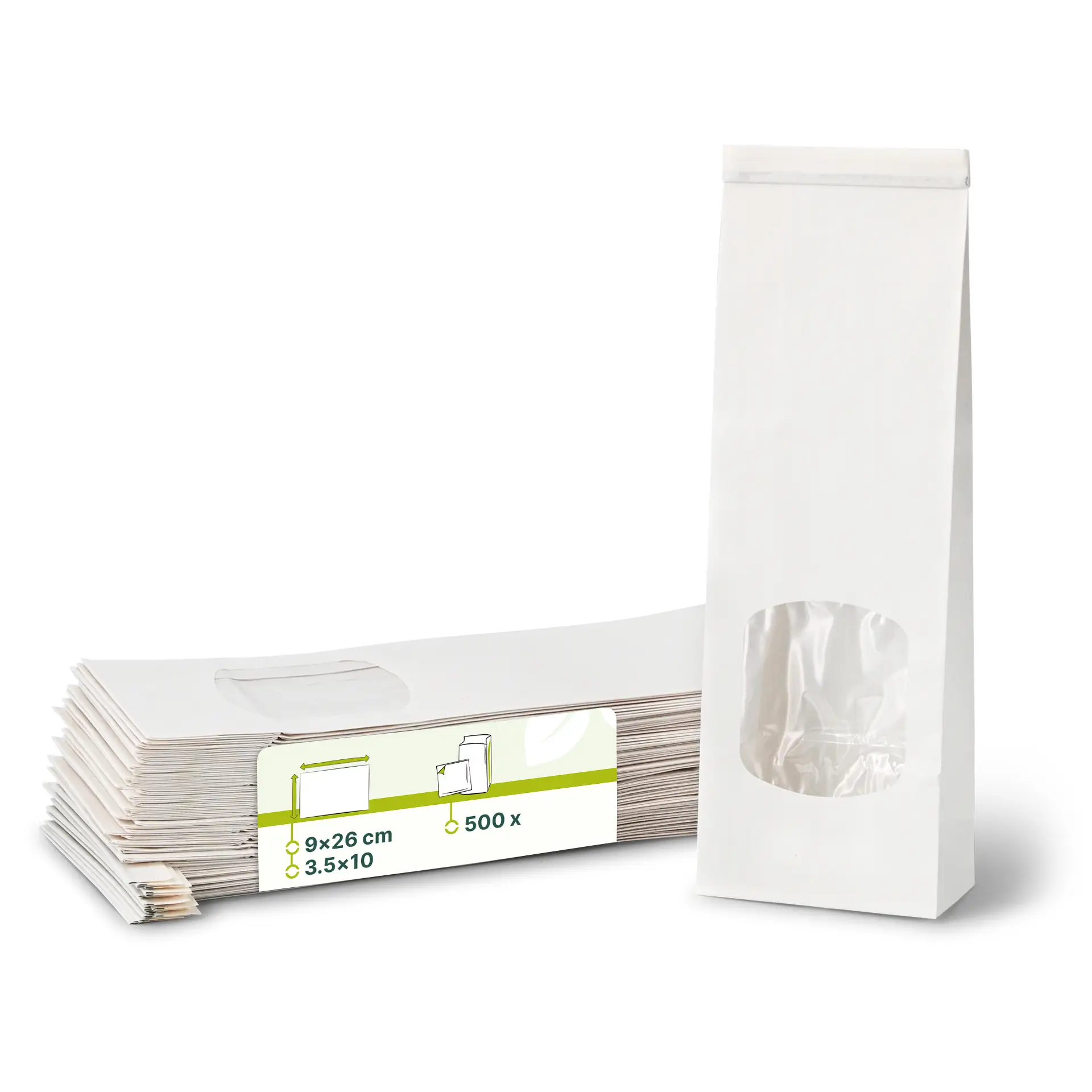Block bottom bags w. window S, 9 x 4.5 x 26 cm, PP-foil, white, tin tie, kraft paper Block bottom bags w. window S, 9 x 4.5 x 26 cm, PP-foil, white, tin tie, kraft paper