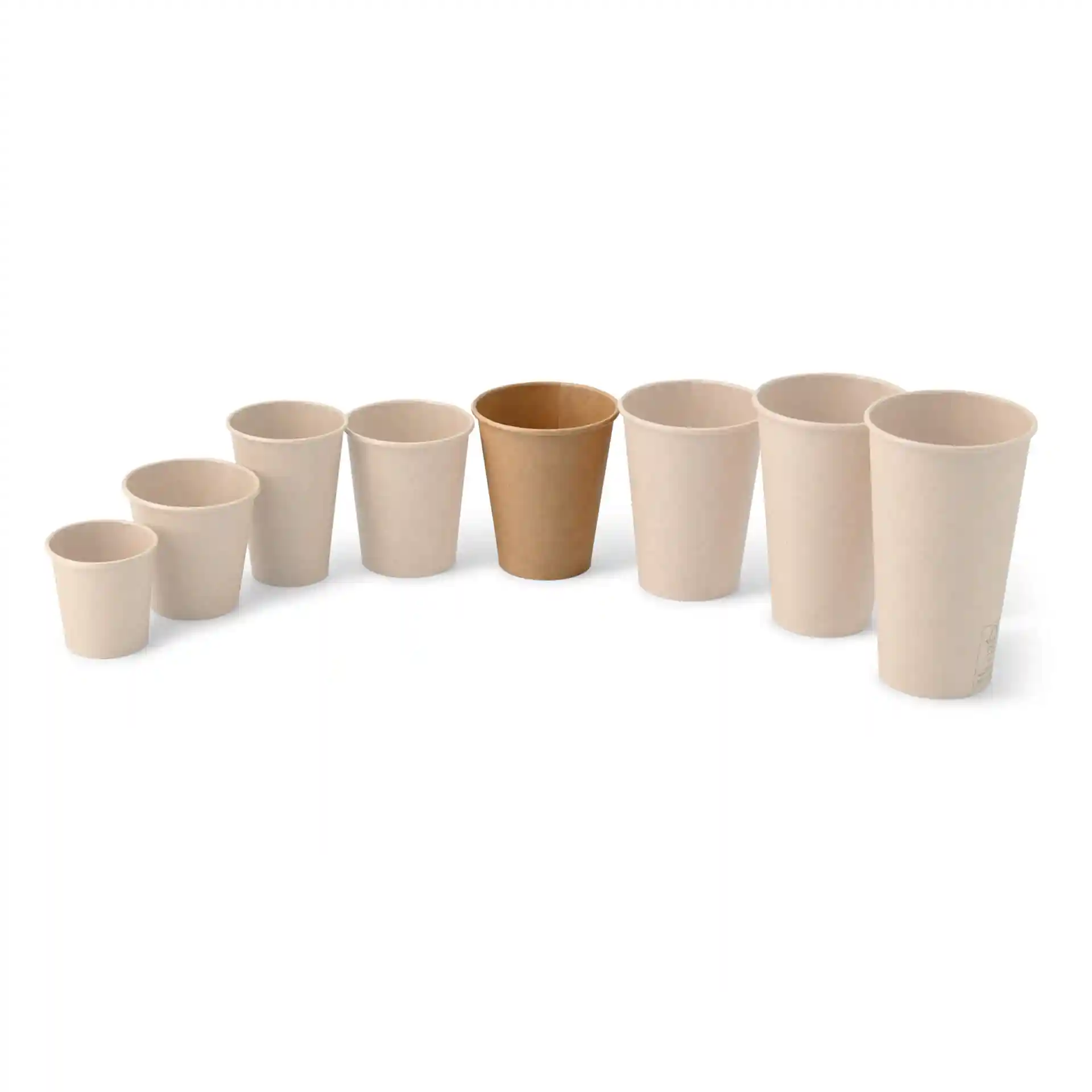 Set of paper cups in various sizes, including one brown cup, displayed in a curved arrangement.