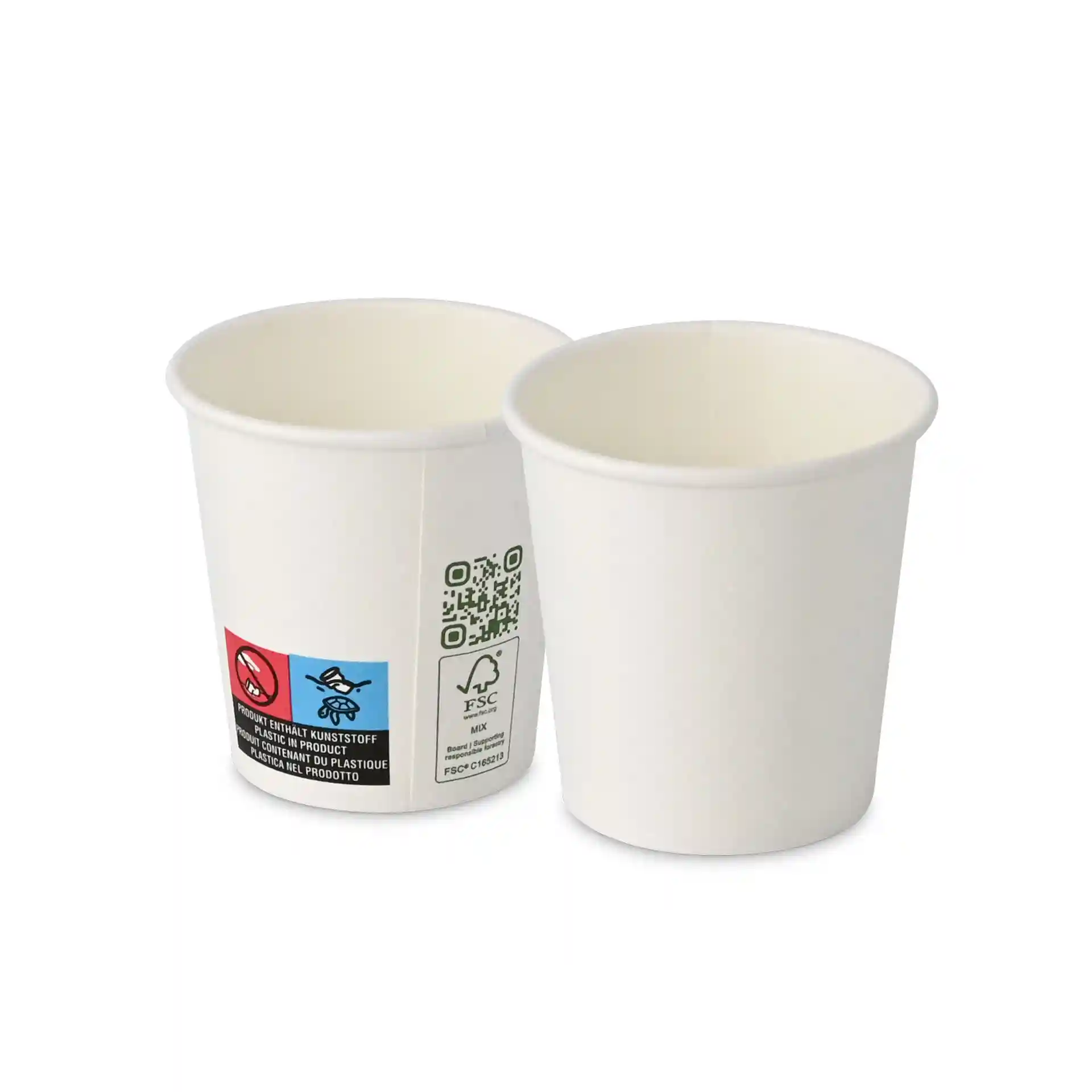 White paper cup, 100 ml capacity, single wall, with a diameter of 62 mm, showing labels and symbols on the side.