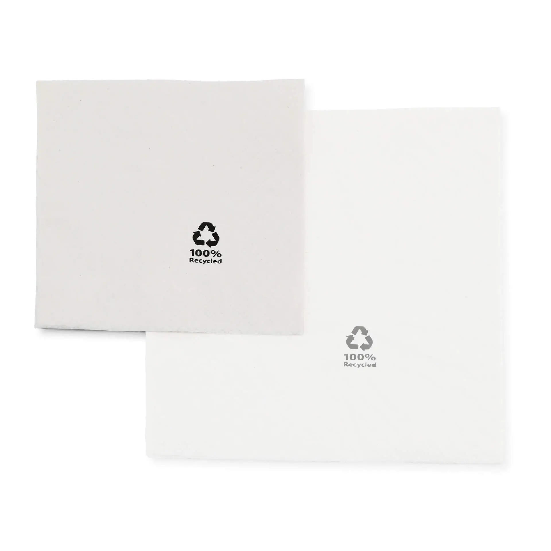 White cocktail napkin, 24 x 24 cm, 2-ply, made from recycled paper, shown with measurements.