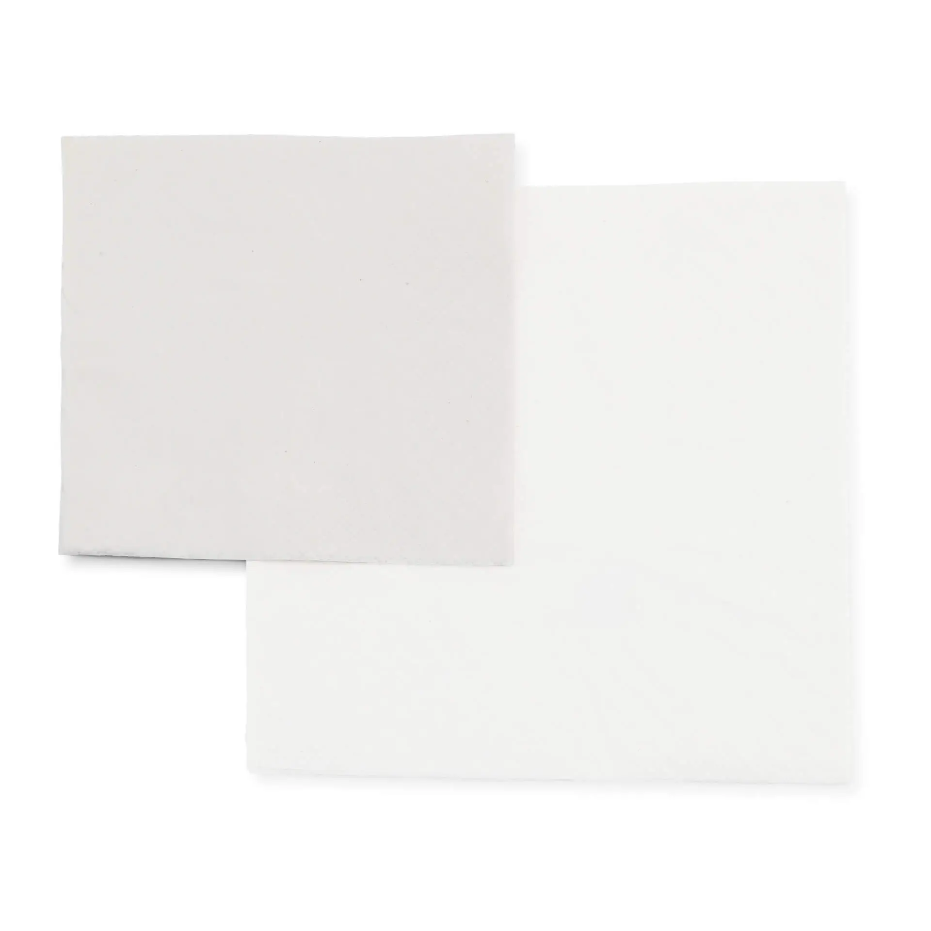 Two square cocktail napkins in white, 24 x 24 cm, with a symbol indicating recycled material.