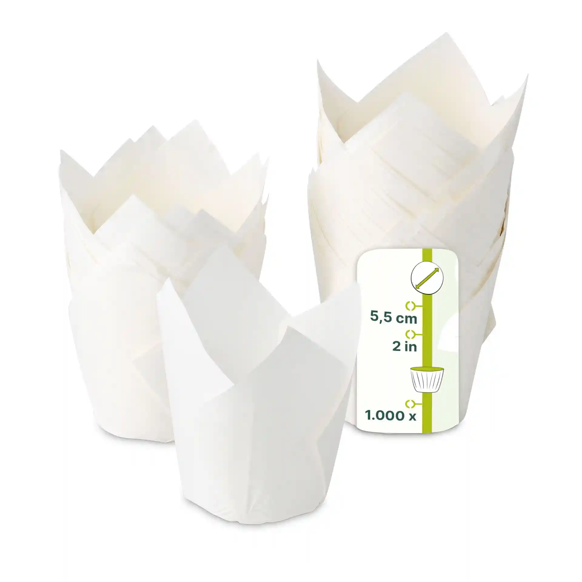 White paper muffin cups with a height of 80 mm and a diameter of 50 mm, shown in a stack with a label.