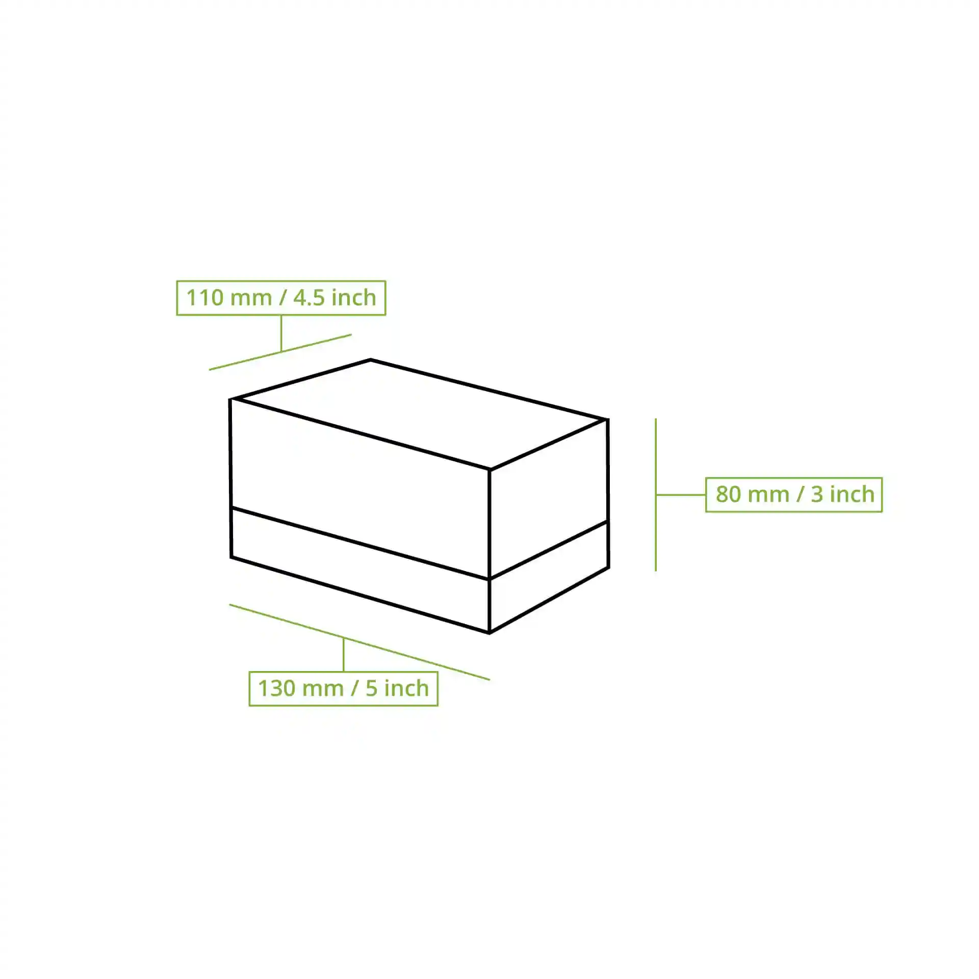 Schematic drawing of a rectangular box with dimensions labeled: 130 mm length, 110 mm width, and 80 mm height.