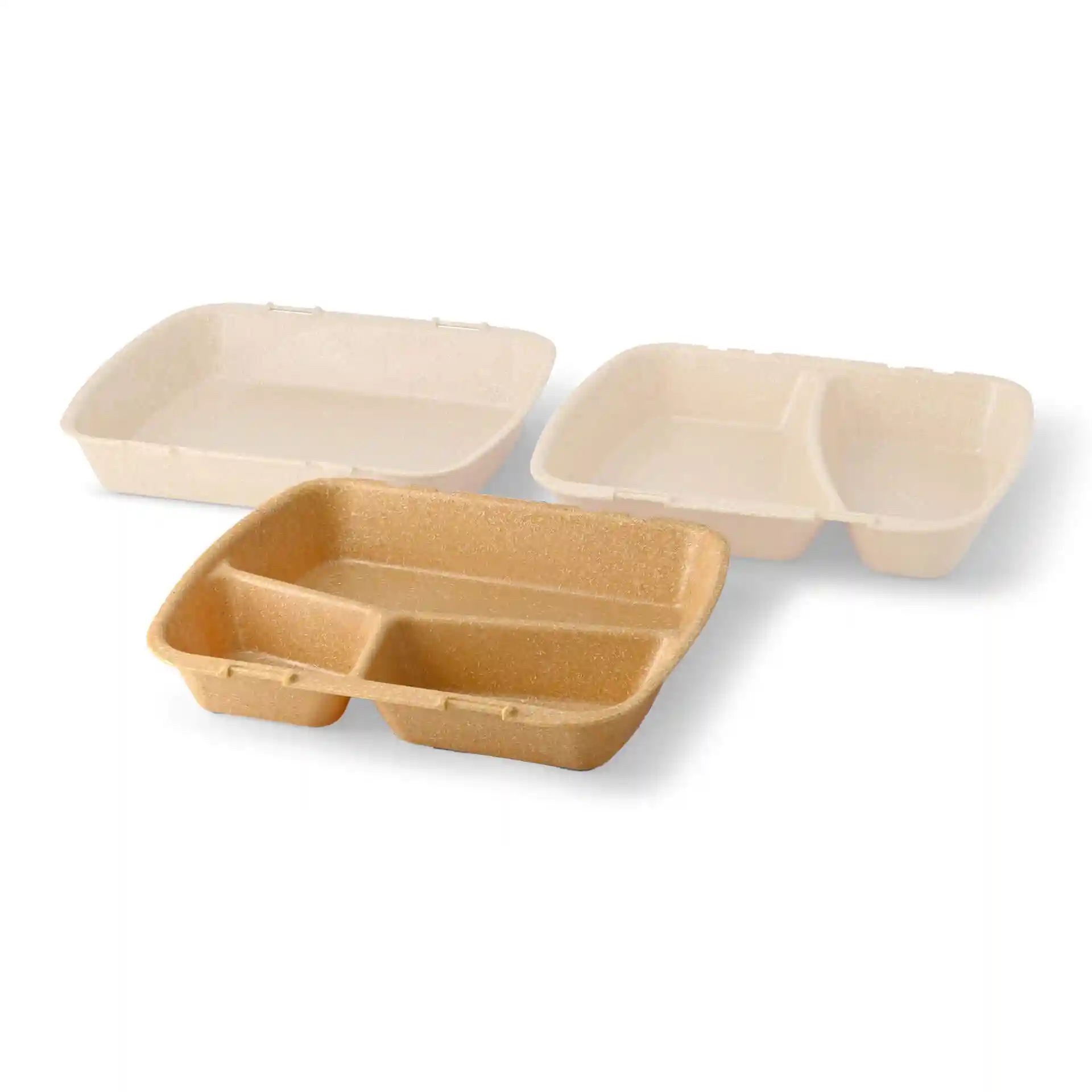 Three reusable meal containers in brown, two with single compartments and one with two compartments.