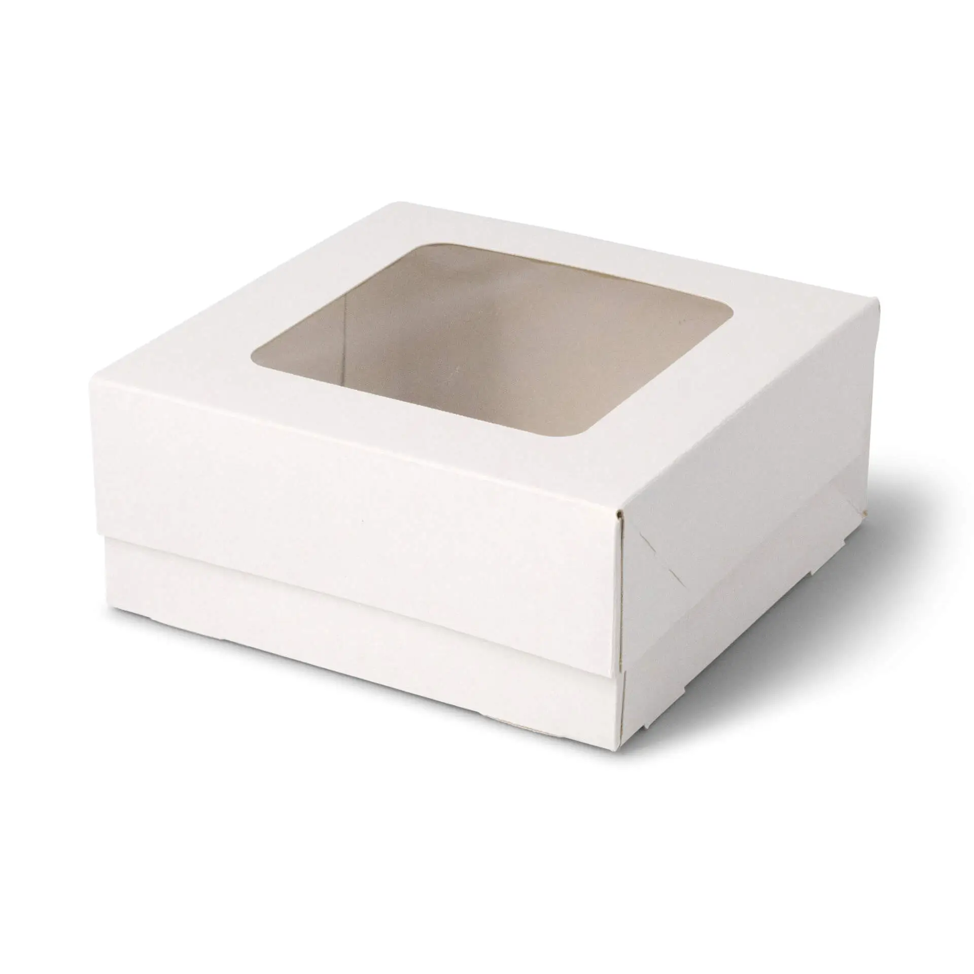 White cupcake box with a cellulose window, designed to hold four baked goods like muffins or brownies.