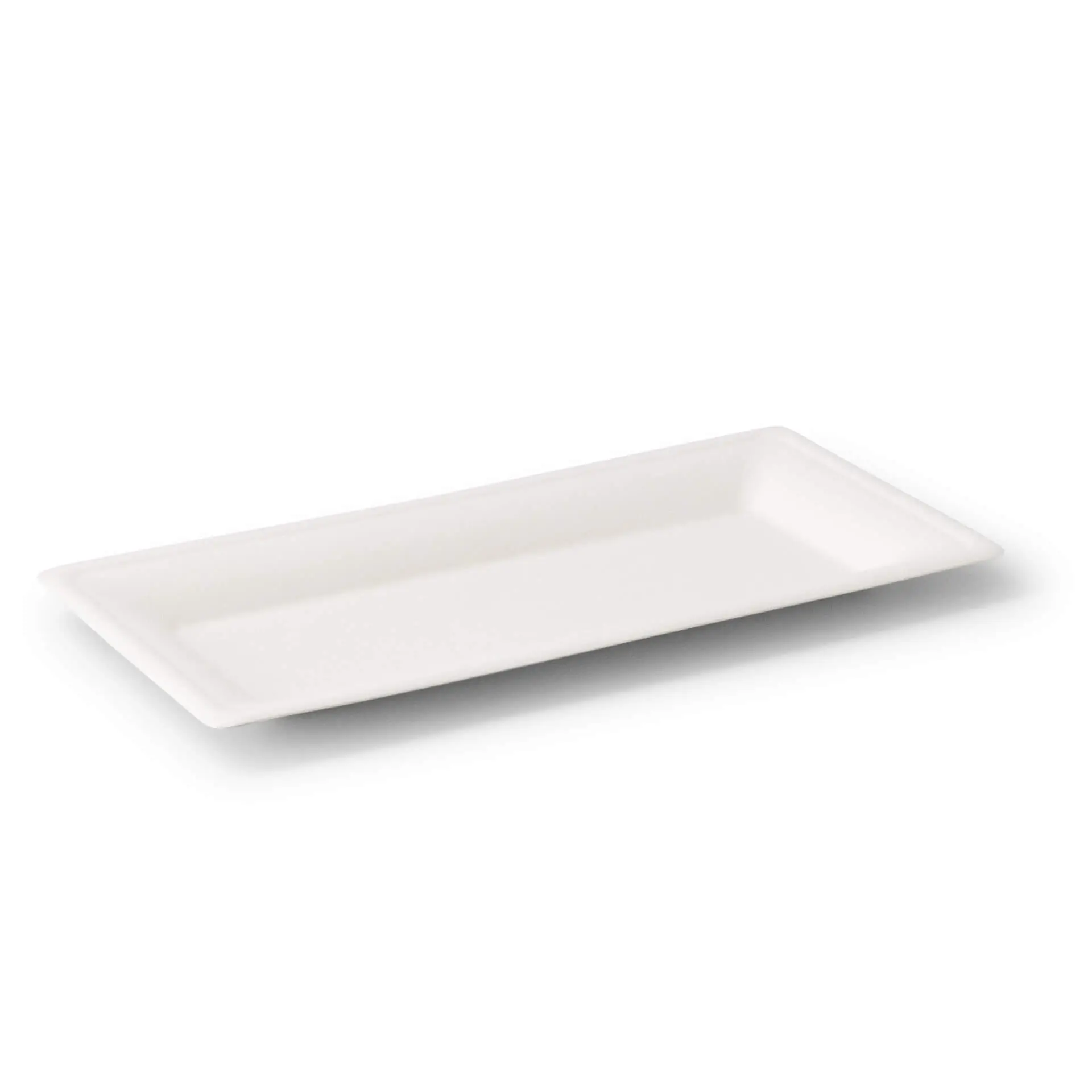 Rectangular biodegradable sugarcane plate, measuring 26 x 13 cm, suitable for hot and cold dishes.