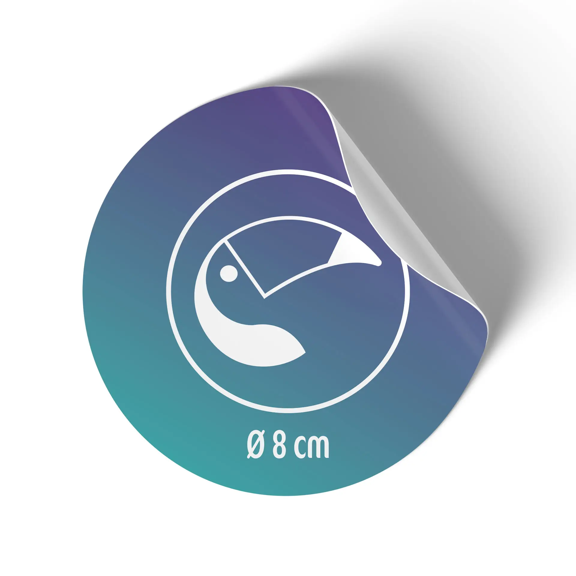 Round custom printed label, 8 cm diameter, features a white design on a gradient background with a partially peeled edge.
