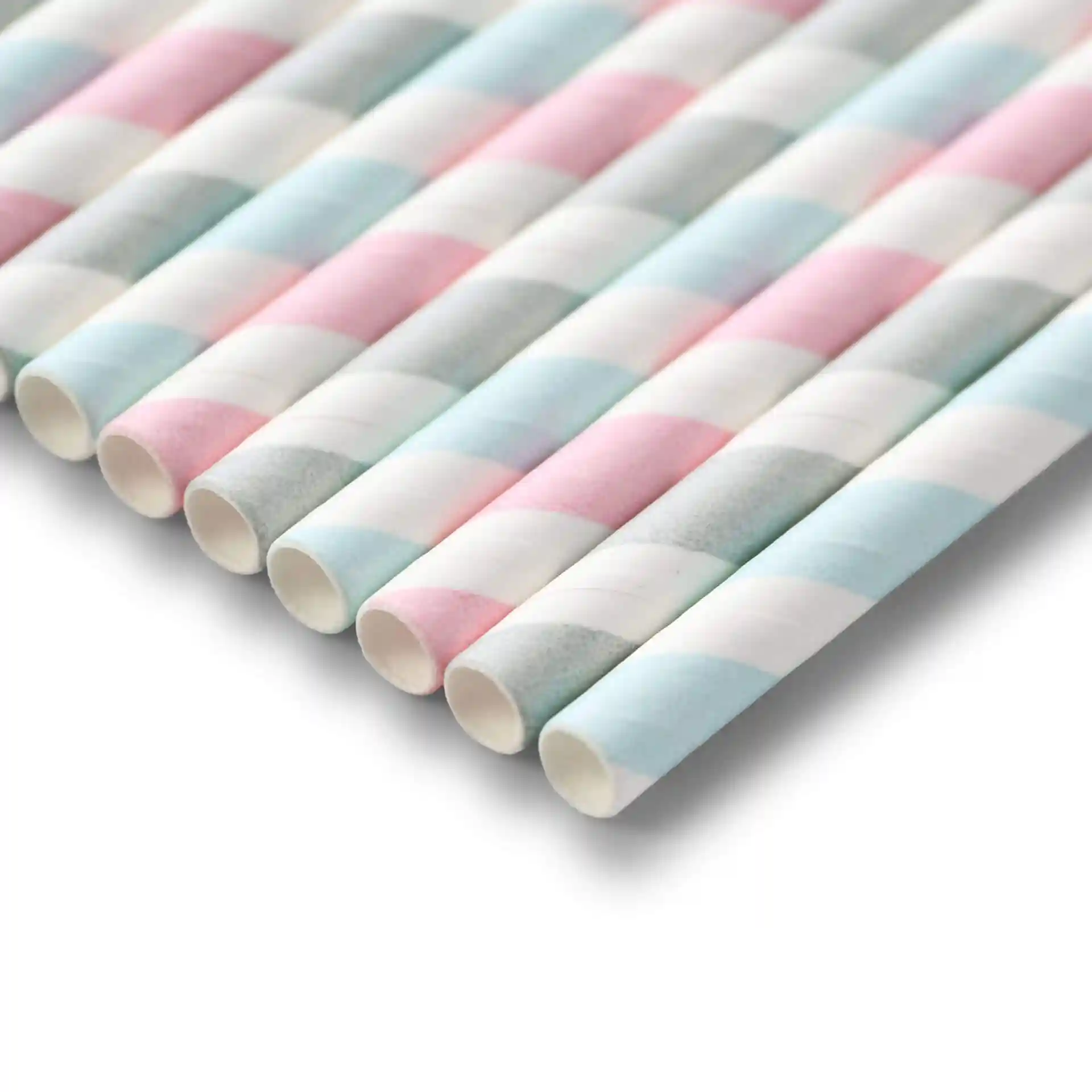 Pastel striped paper straws, 20 cm long and 0.6 cm in diameter, arranged in a row.
