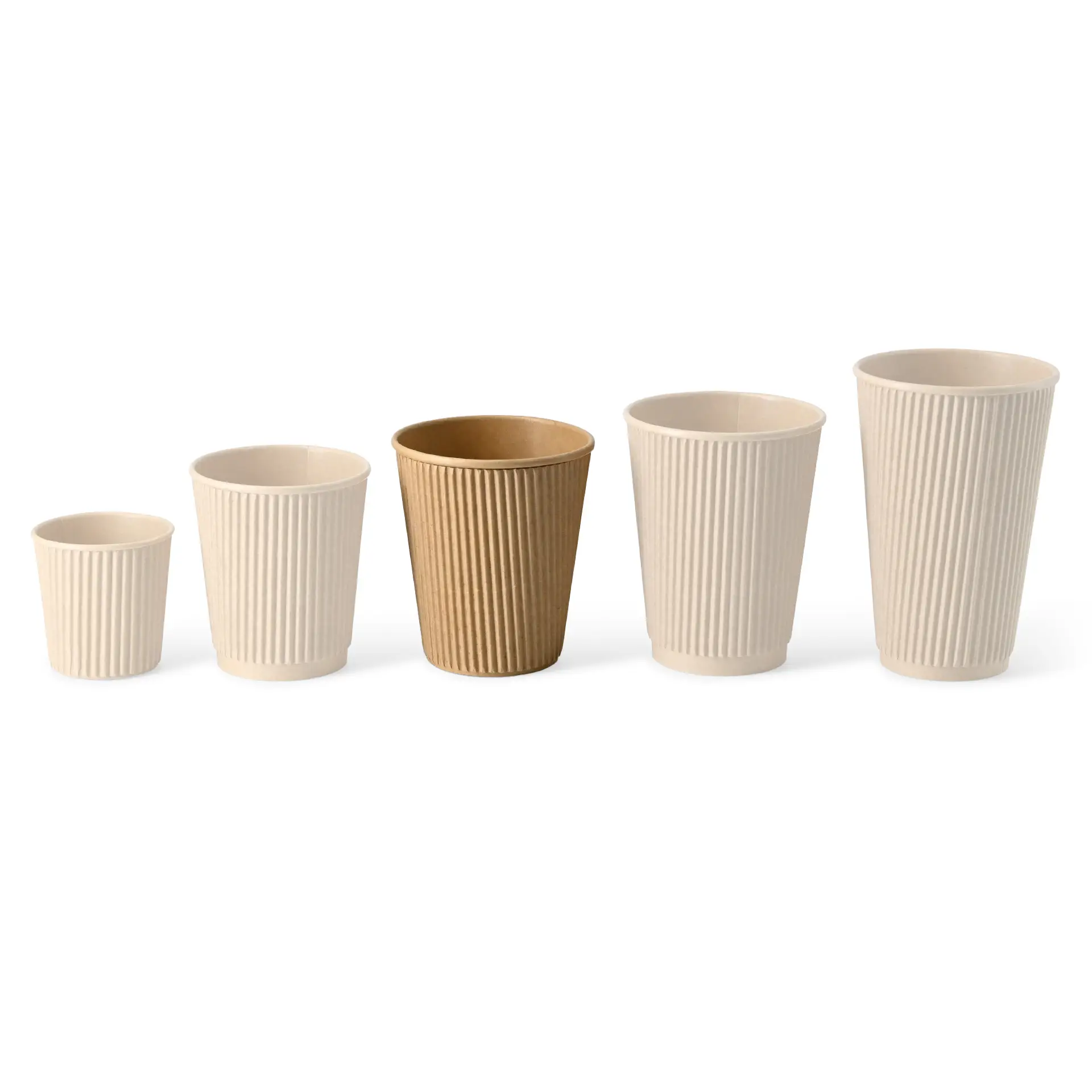 Set of five insulated ripple coffee cups in various sizes, including one brown cup, designed for hot drinks.