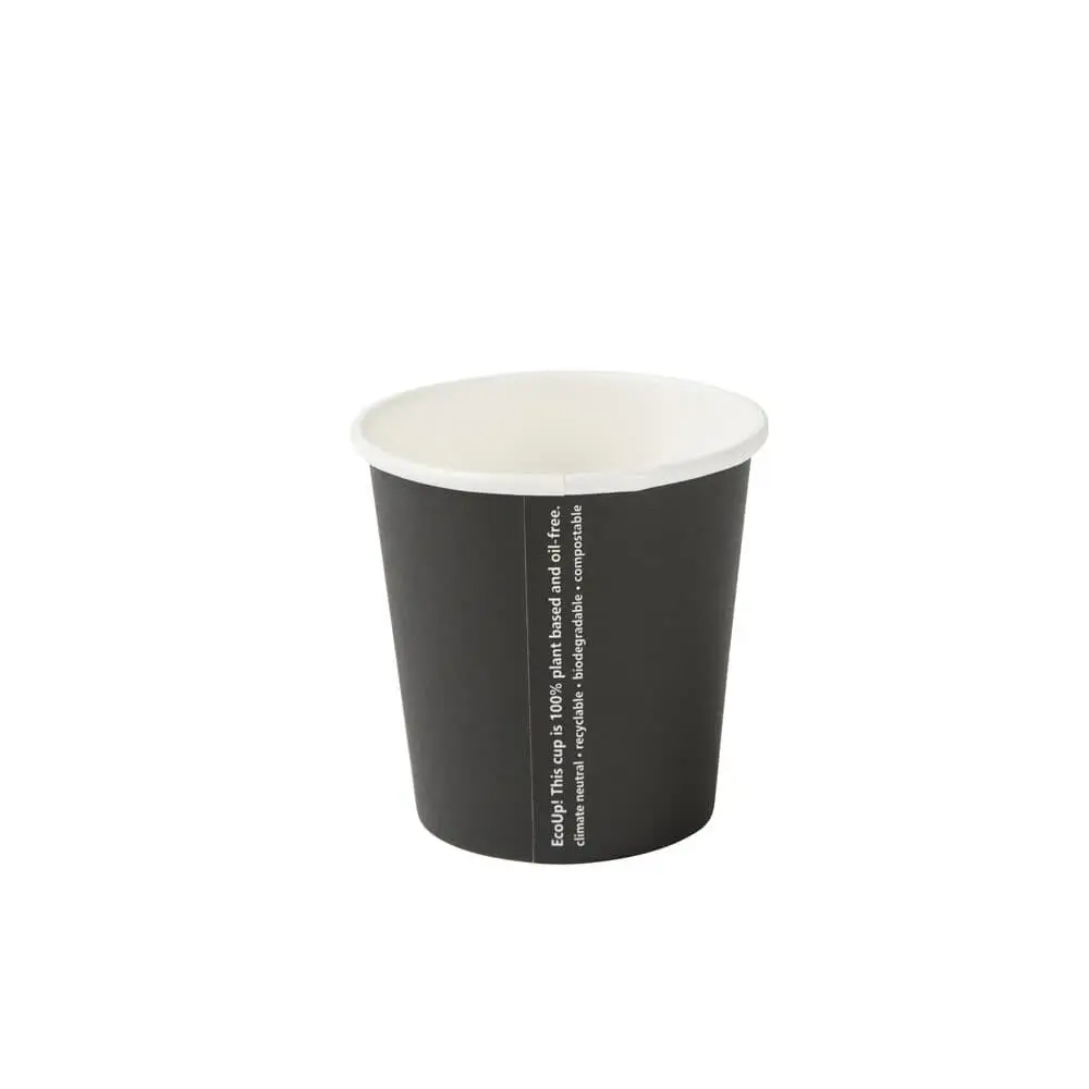 Black single-wall paper cup, 100 ml capacity, PLA-coated, suitable for hot and cold drinks, with internal white lining.