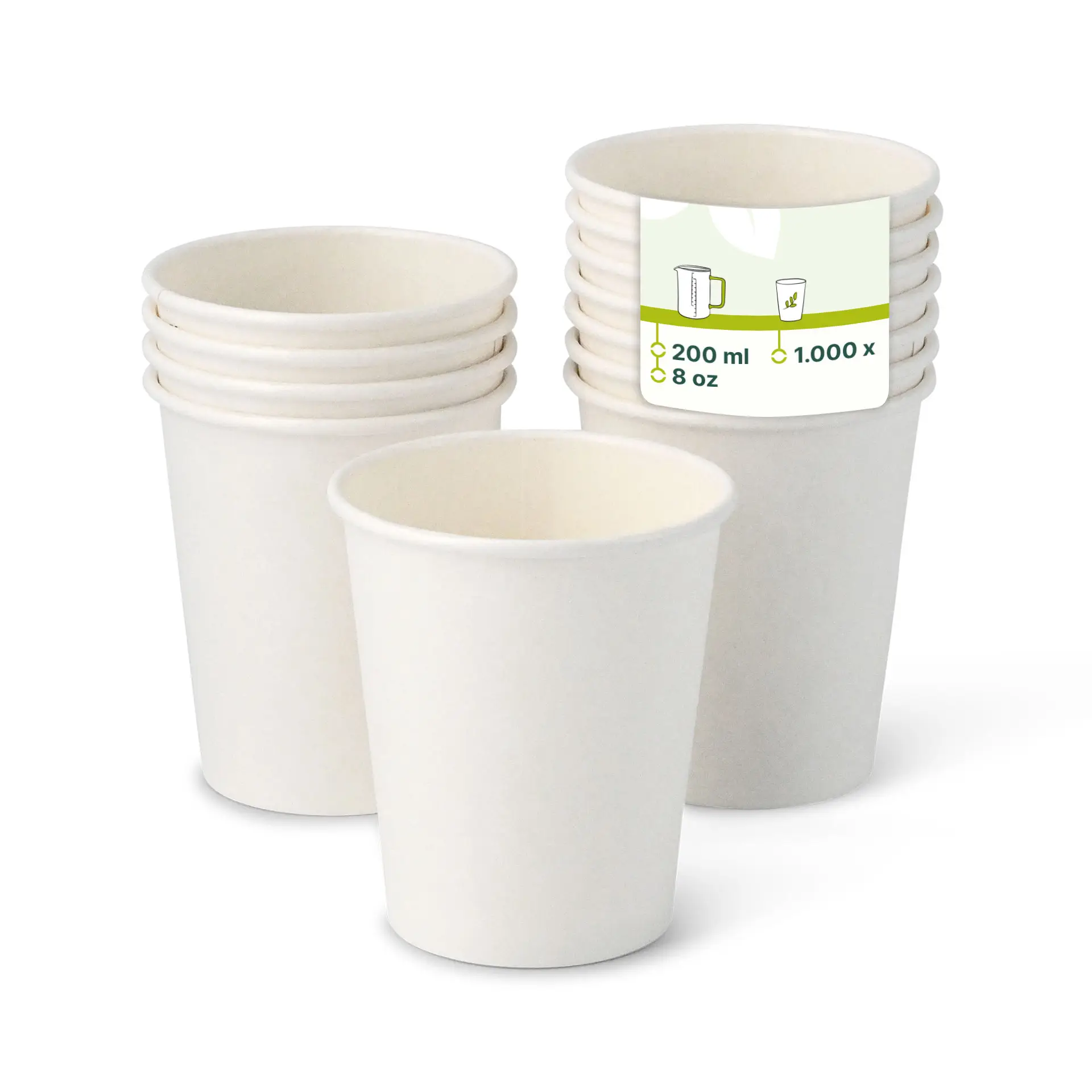 Eight-ounce white paper cups with a classic design; some cups display a colored label with capacity information.