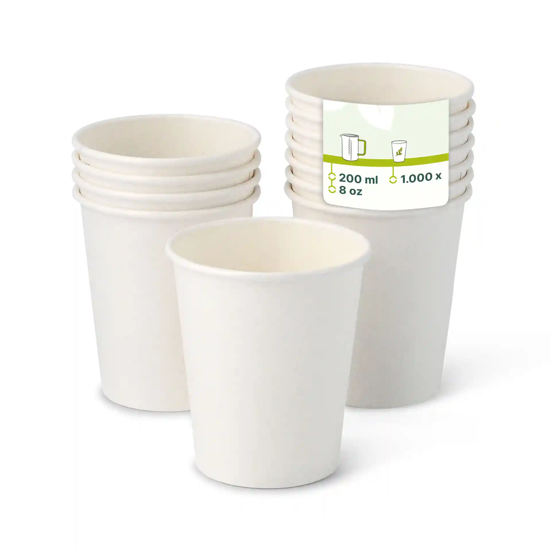 White paper cups stacked, with one cup in front showing a label indicating 200 ml capacity and 8 oz size.