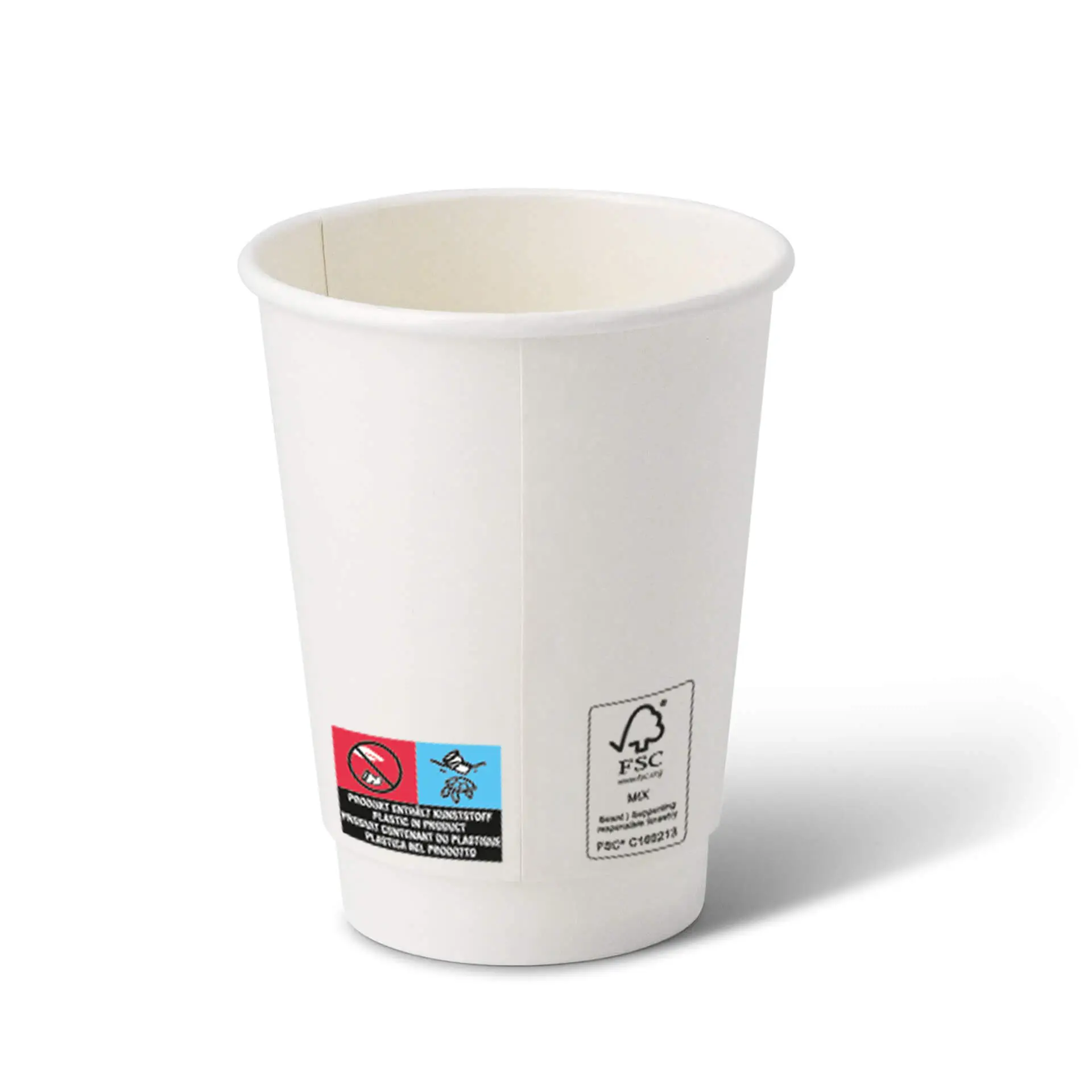 12 oz double-walled coffee cup with white interior and a brown exterior; features sustainability labels on the side.
