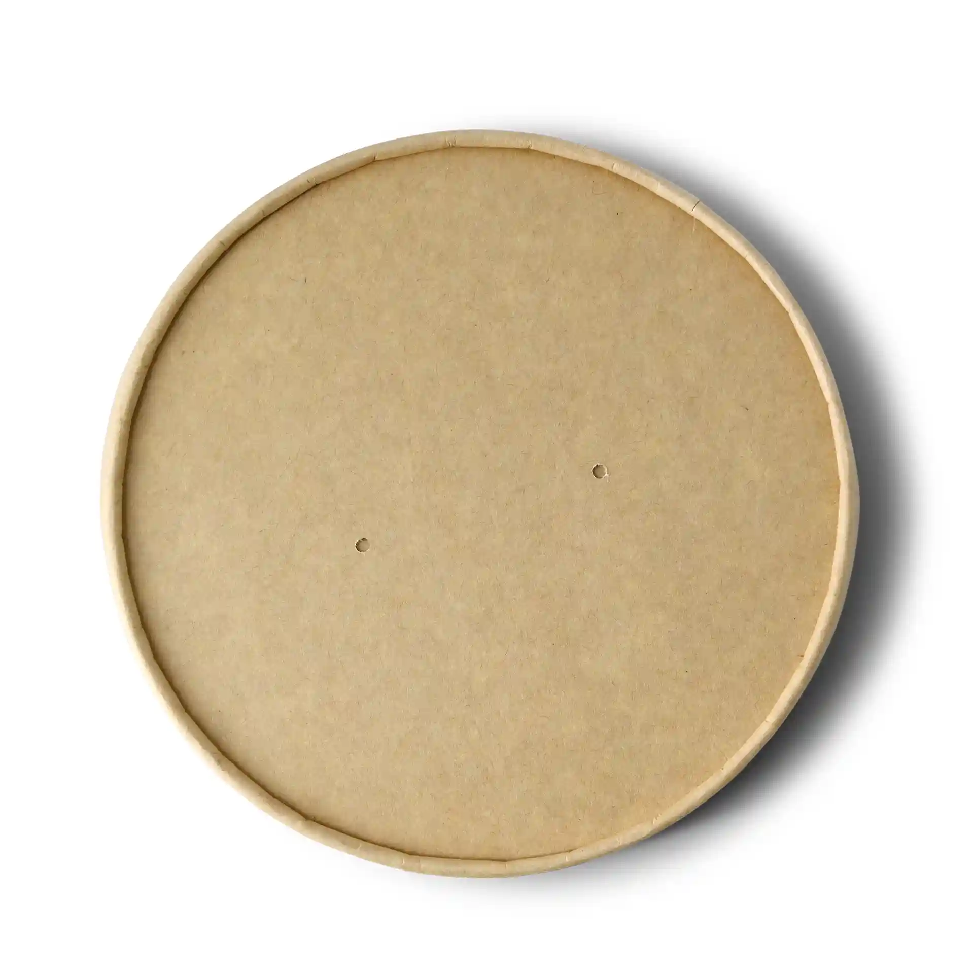 Round brown cardboard lid with a diameter of 150 mm, featuring two small holes on the surface.