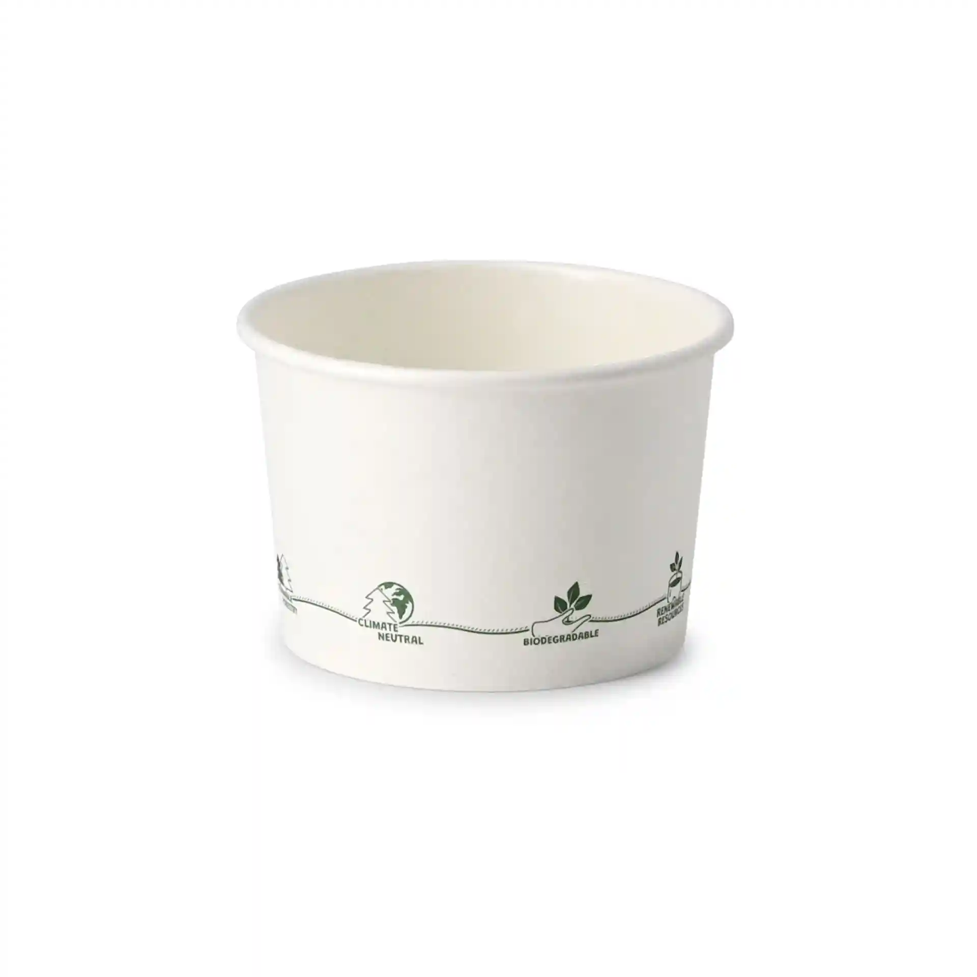 Round cardboard soup cup with printed eco-icons, 8 oz capacity, diameter 90 mm, height 60 mm.