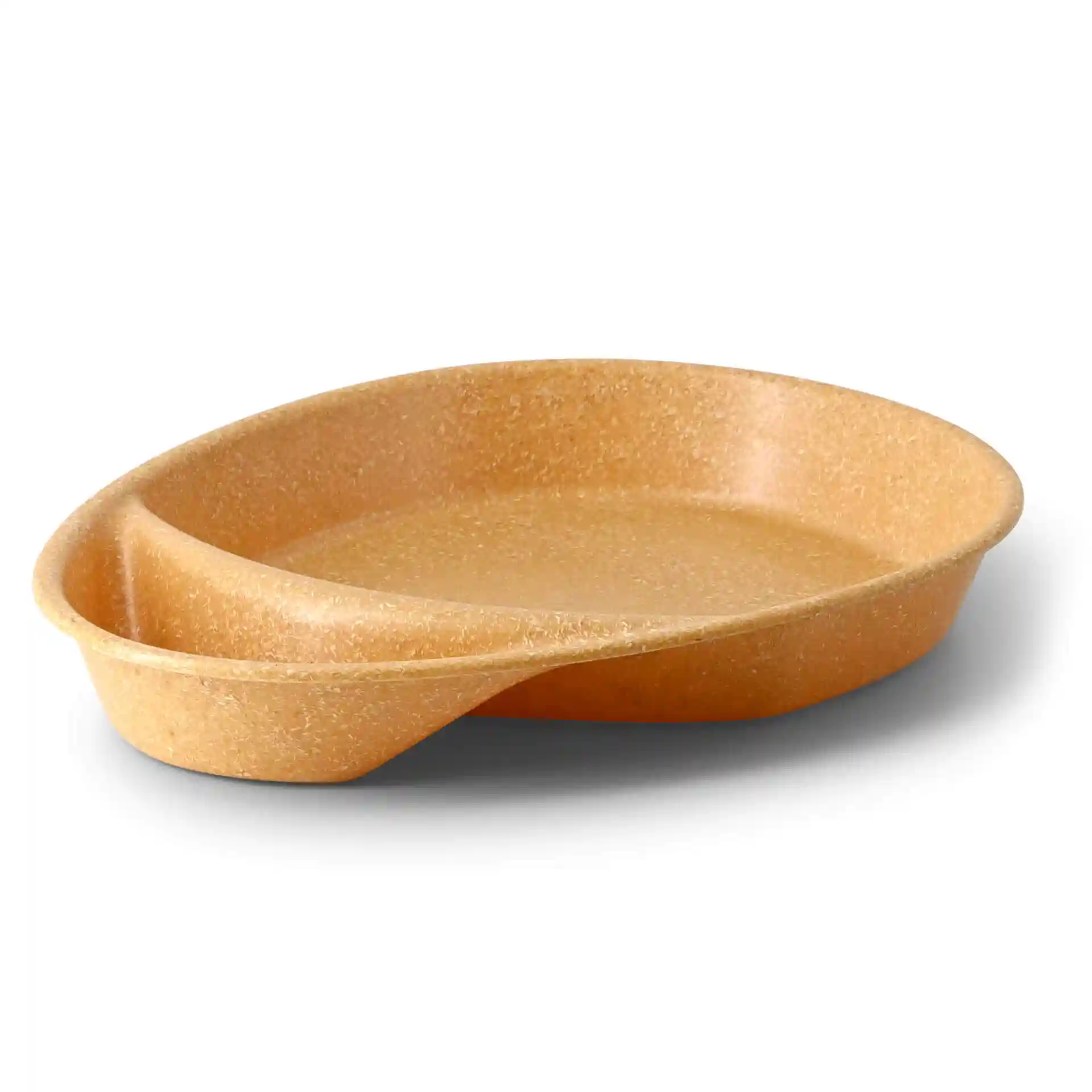 Brown reusable divided plate with two compartments, teardrop shape, measuring 27.5 × 20 × 3.5 cm.
