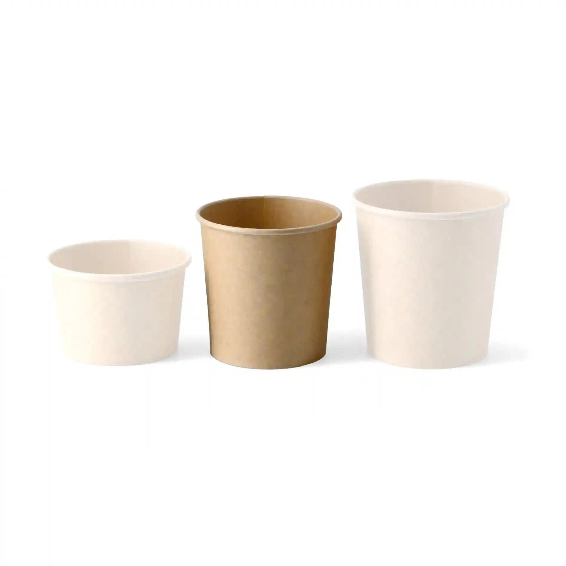 Three round cardboard cups in varying sizes: one white, one brown, and one larger white cup.