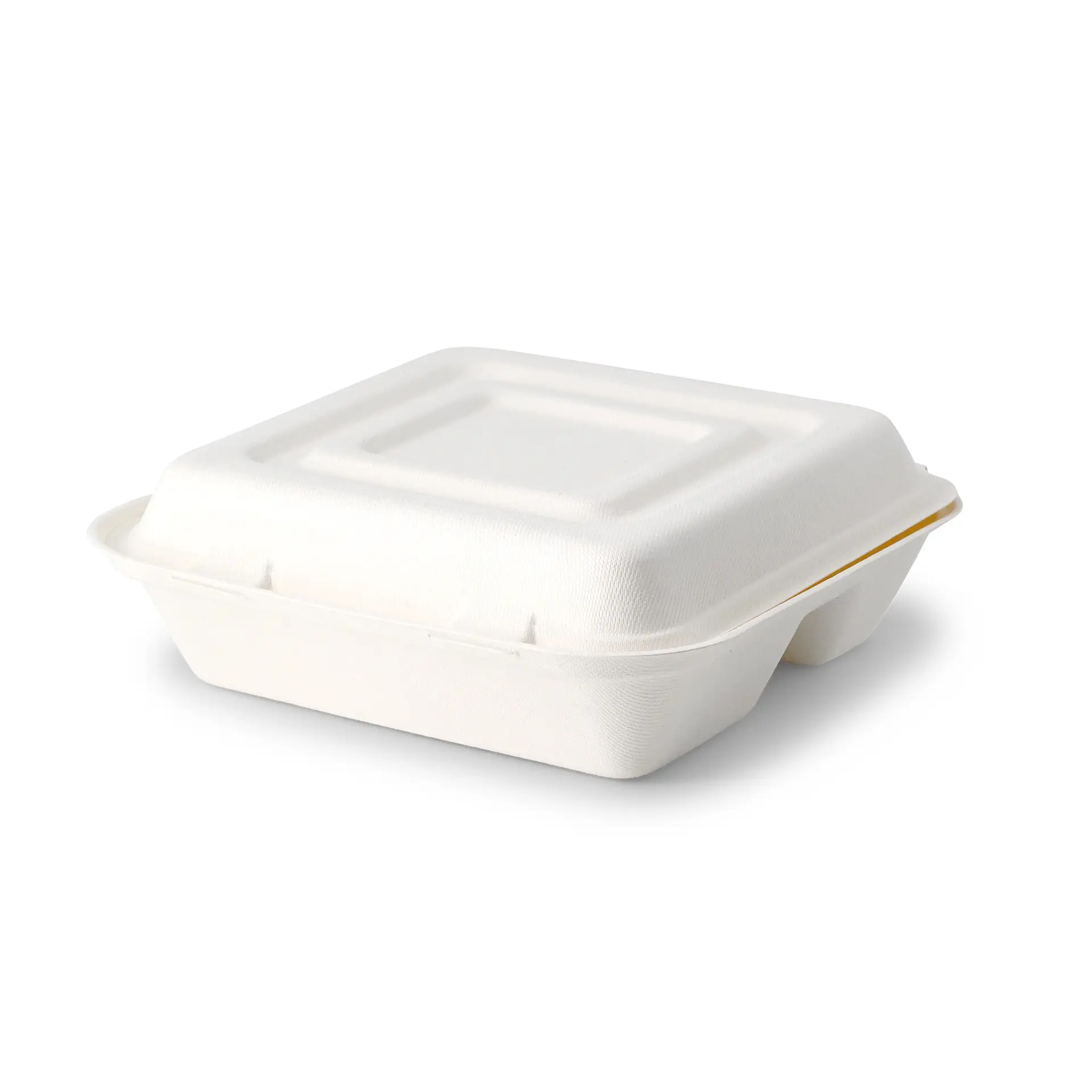 Meal container made from sugarcane, 23.5 x 23.5 x 8 cm, 3 compartments, hinged lid, rectangular