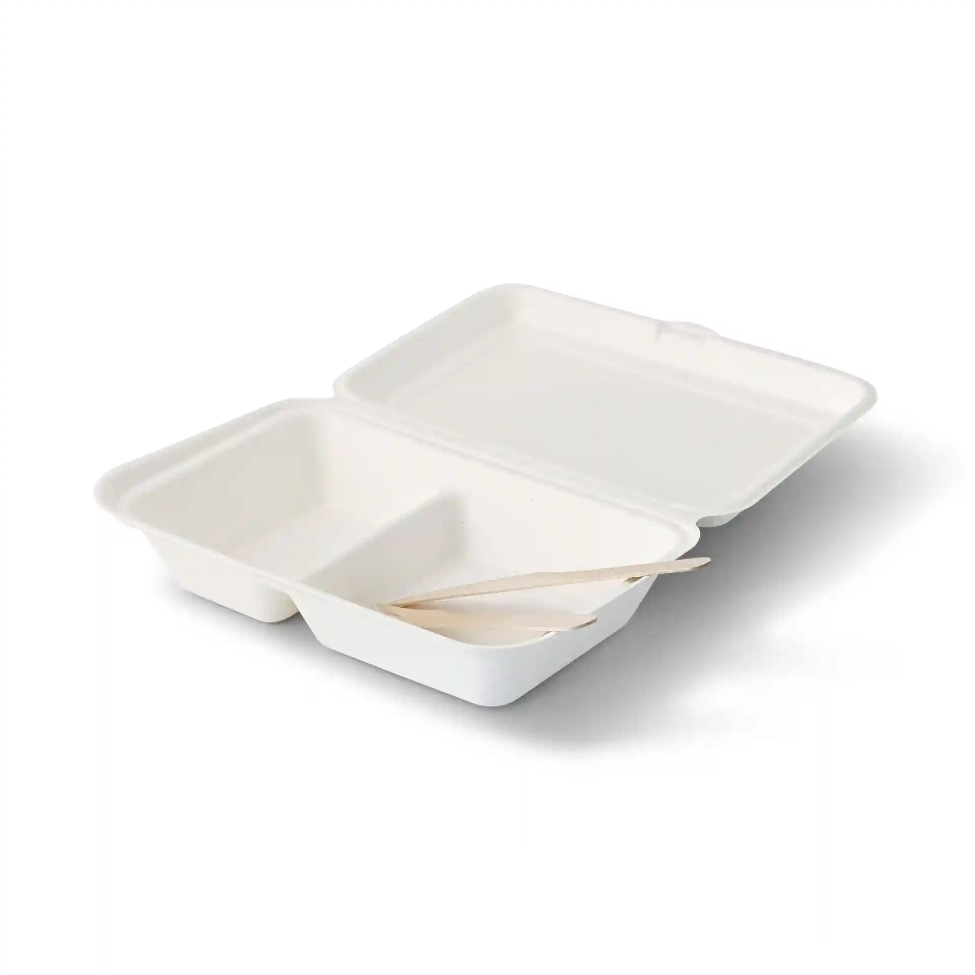 Rectangular cream white sugarcane container with two compartments and a hinged lid, includes two wooden utensils.