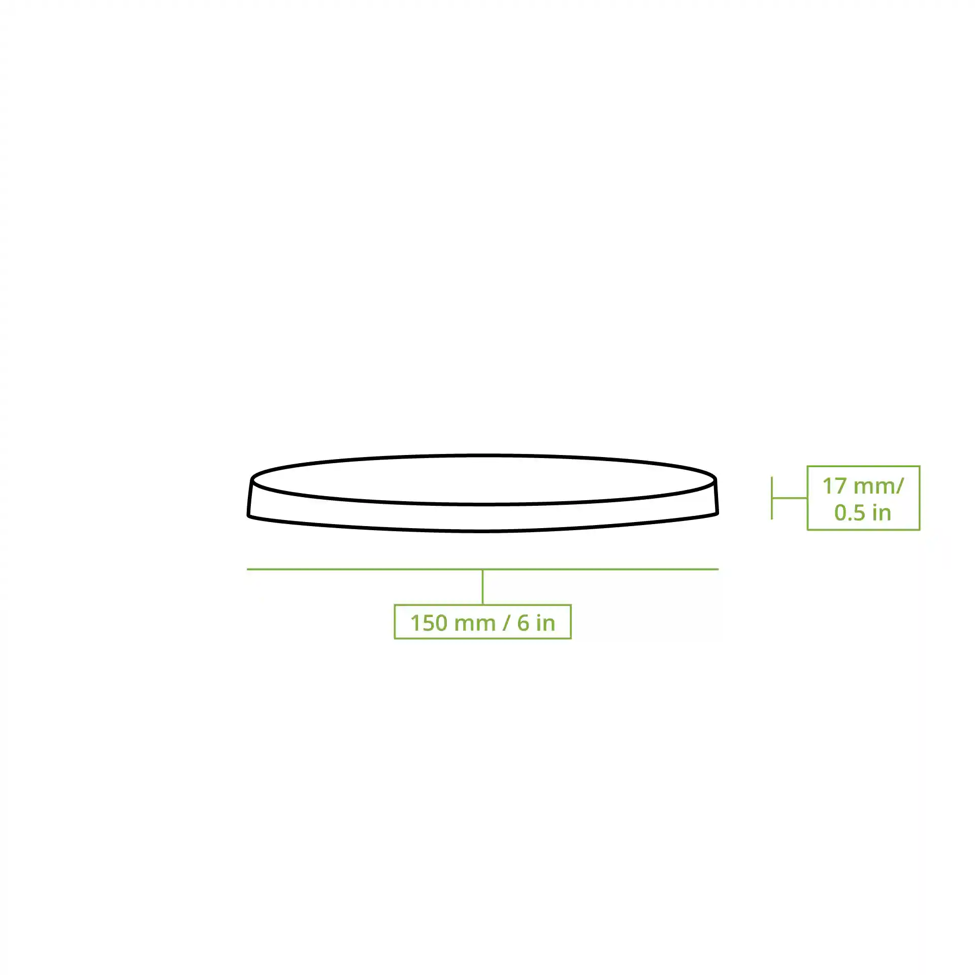 Schematic drawing of a round cardboard lid with dimensions 150 mm diameter and 17 mm height.