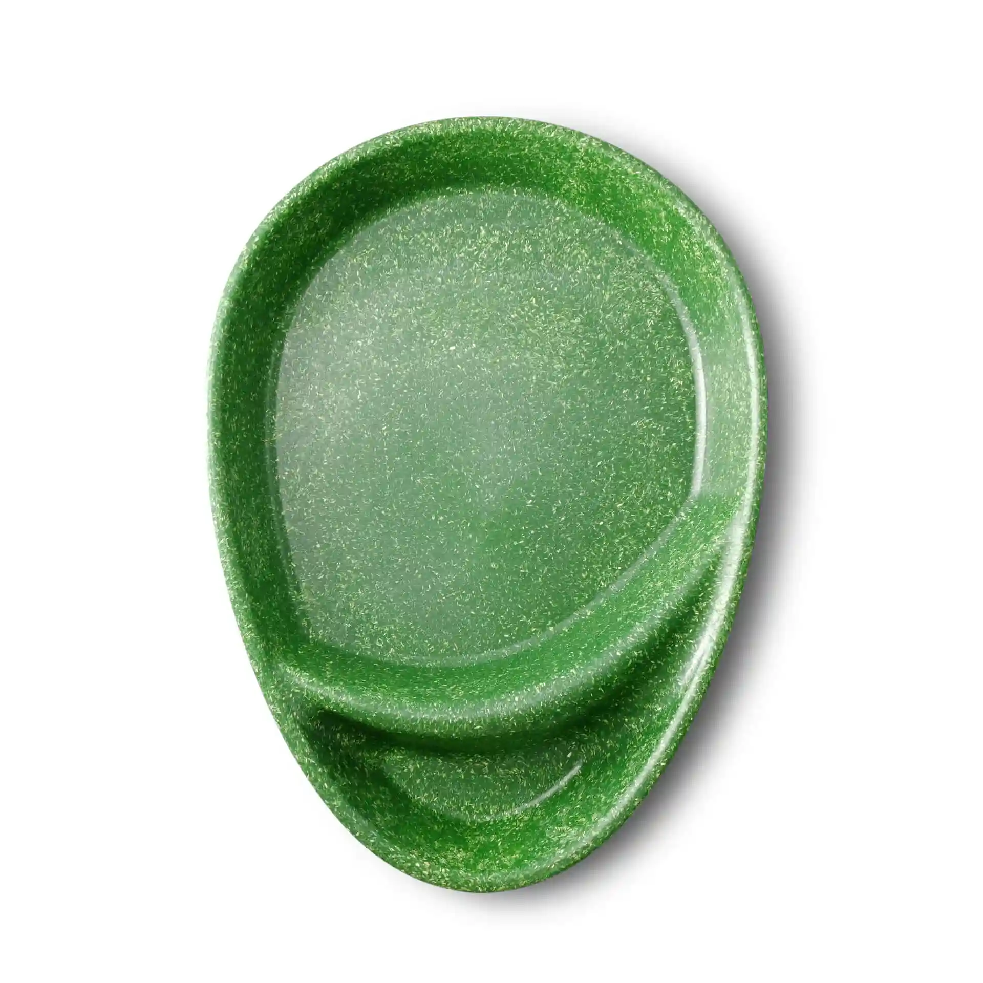 Teardrop-shaped green divided plate with two compartments, made from bio compound material.