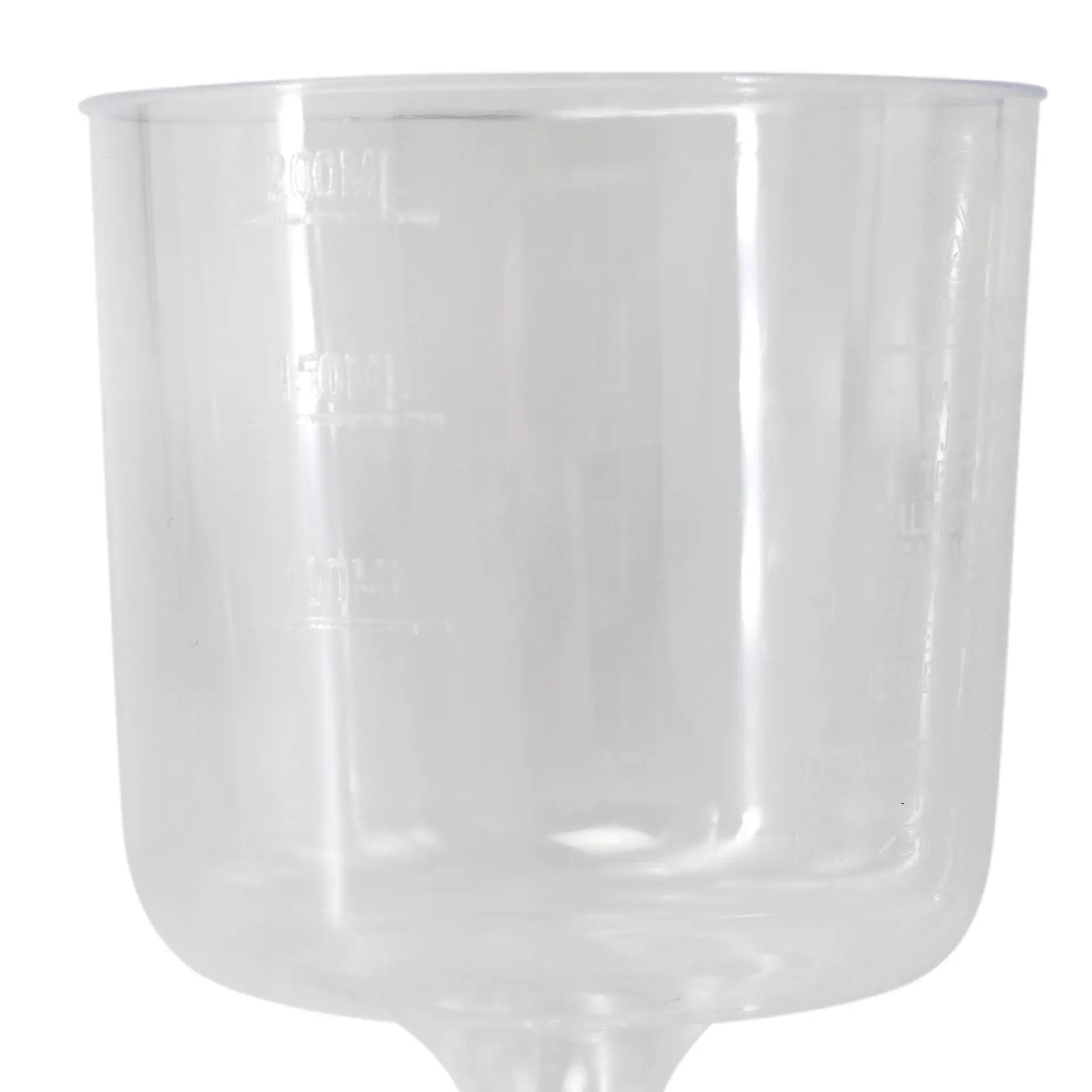 Clear 200 ml reusable wine glass featuring measurement markings for easy pouring, suitable for various occasions.