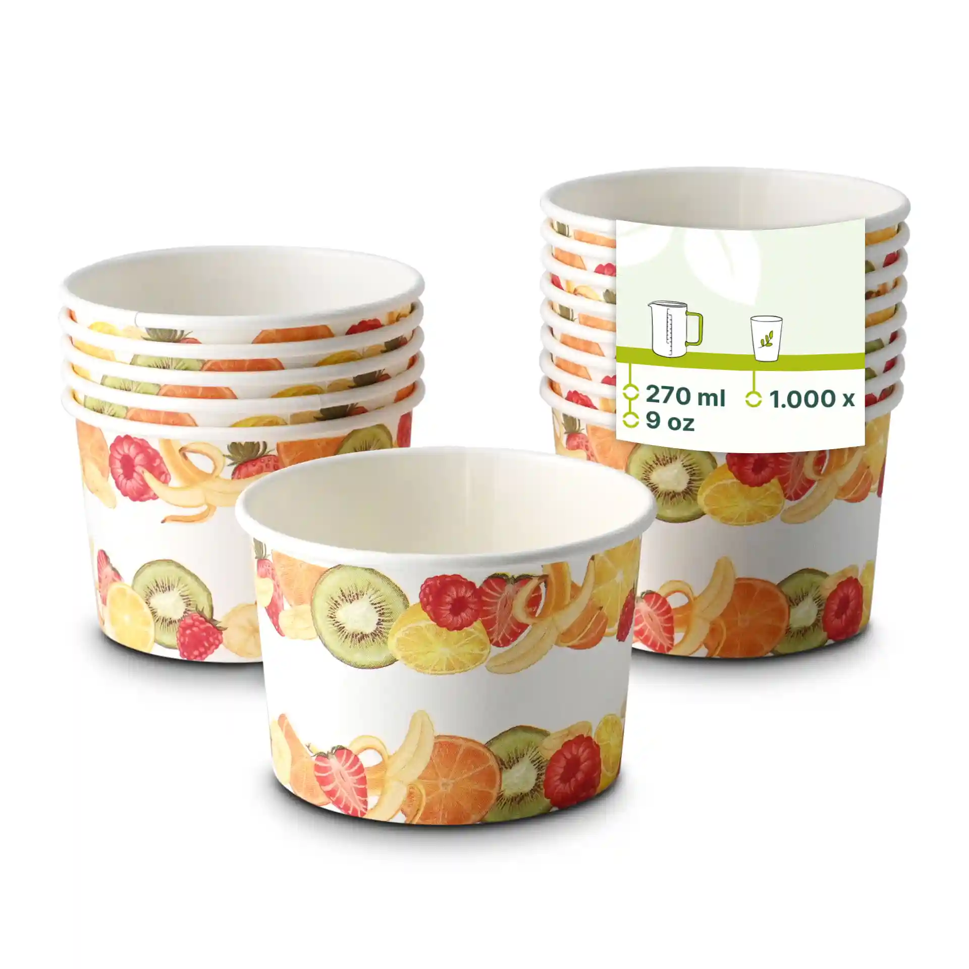 Paper cups with a fruit design, 8 oz capacity, stacked with one cup in front showing the interior.