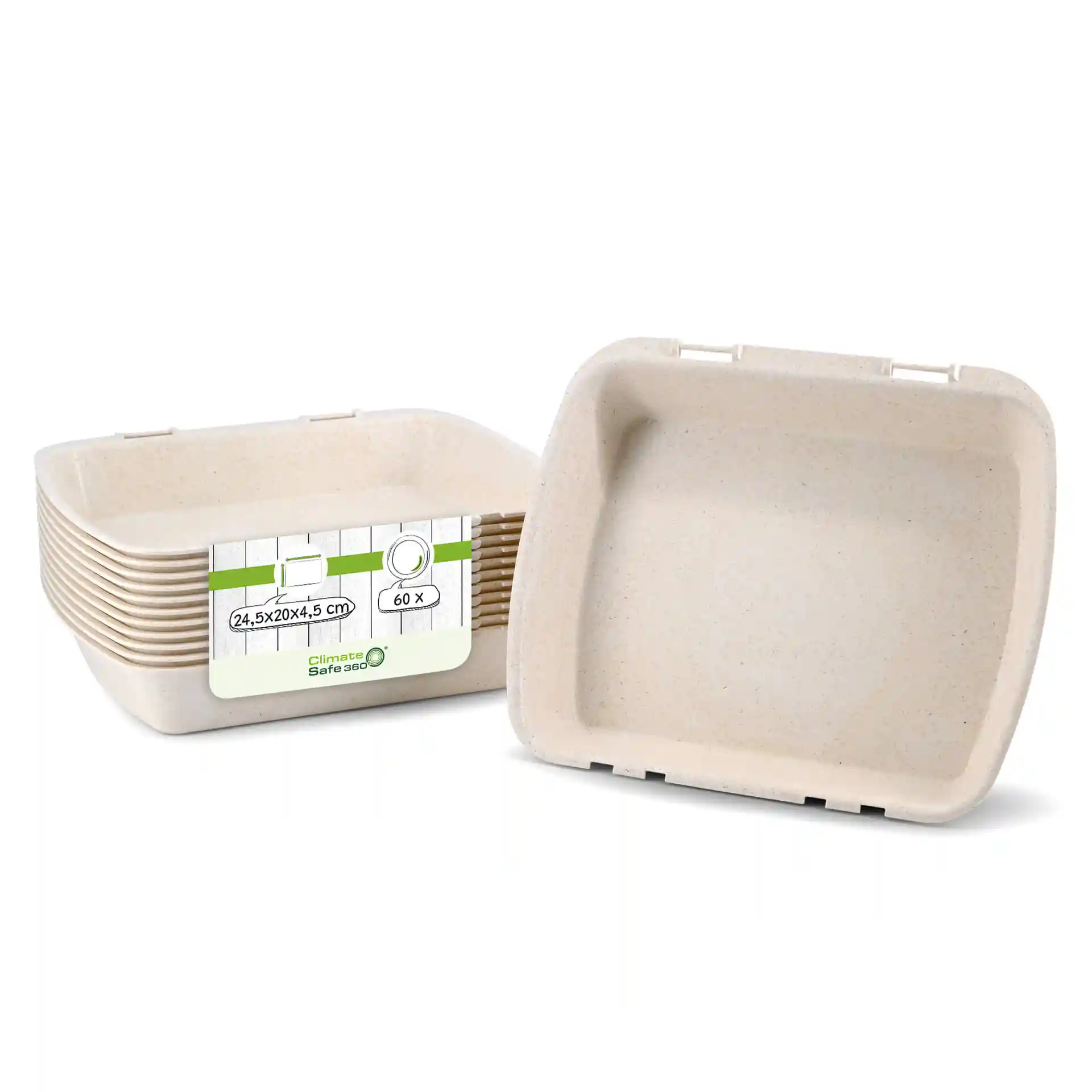 Rectangular reusable menu containers in creamy white, measuring 24.5 x 20 x 4.5 cm, stacked with one container visible.