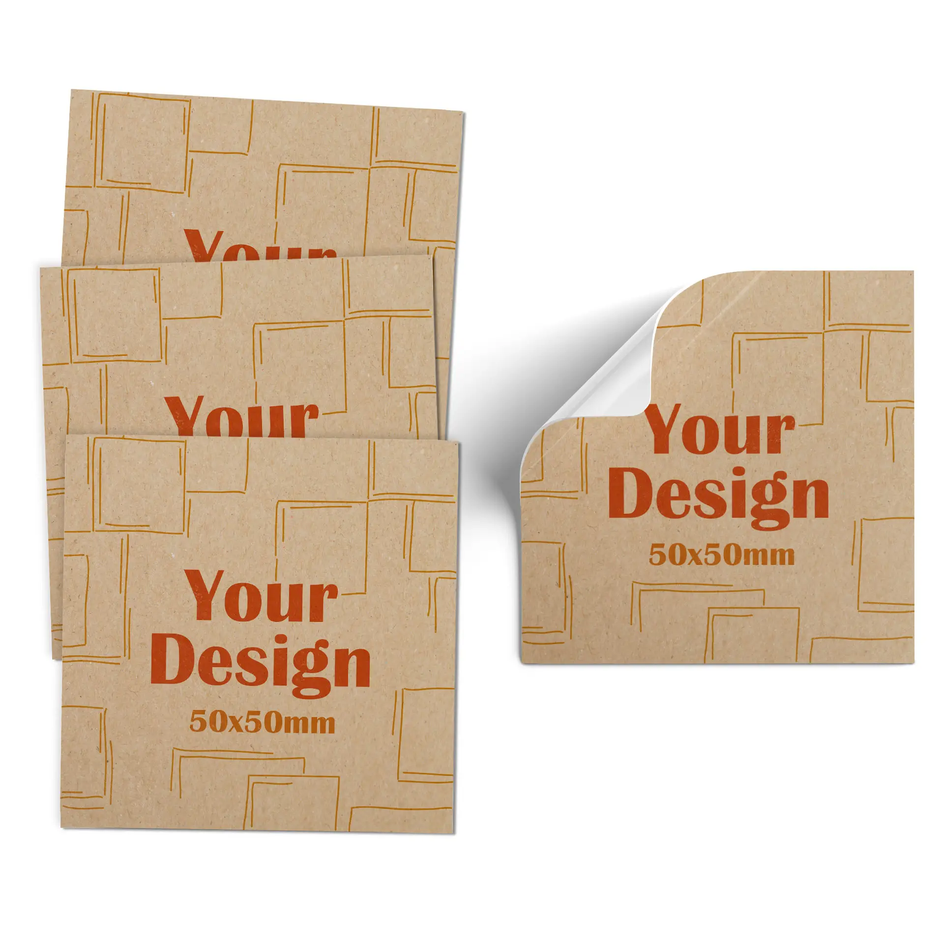 Brown paper note featuring a circular red graphic of a toucan and the measurement label "5x5 cm."