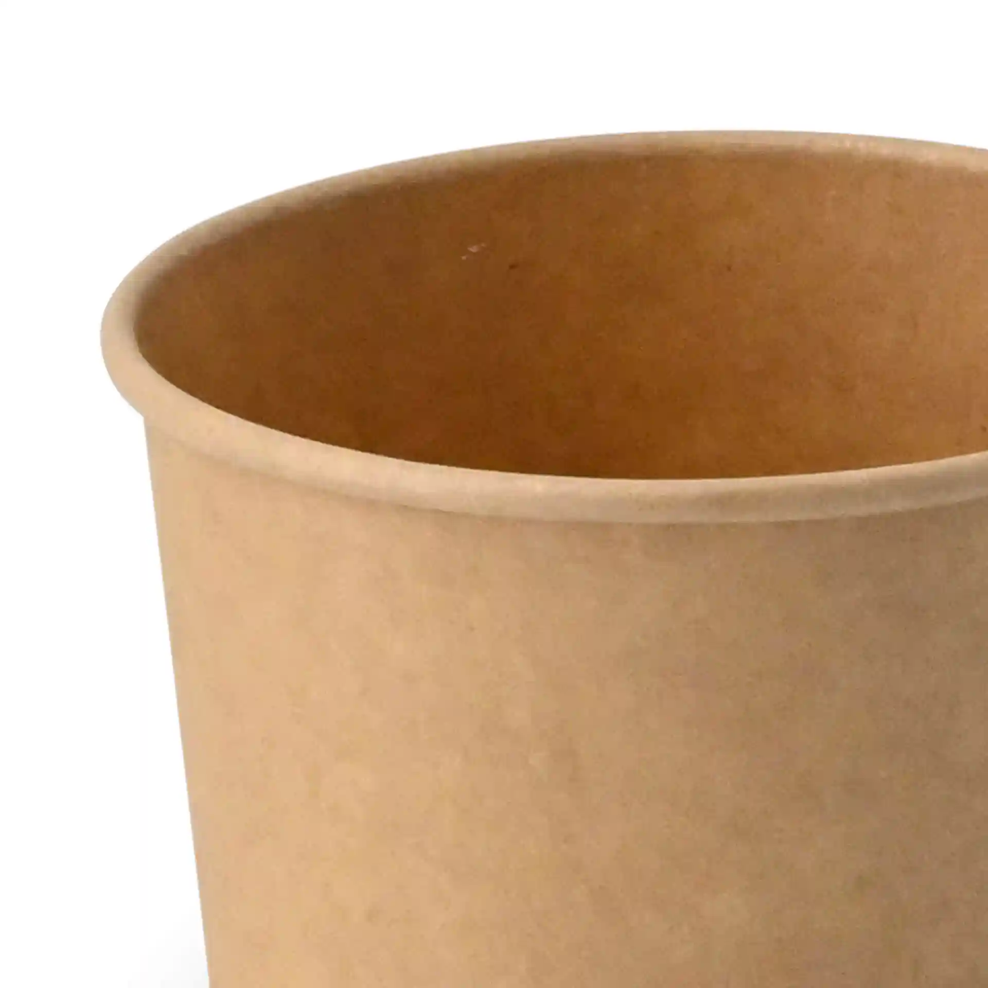 Brown cardboard cup with a round shape, showing the interior and top edge.