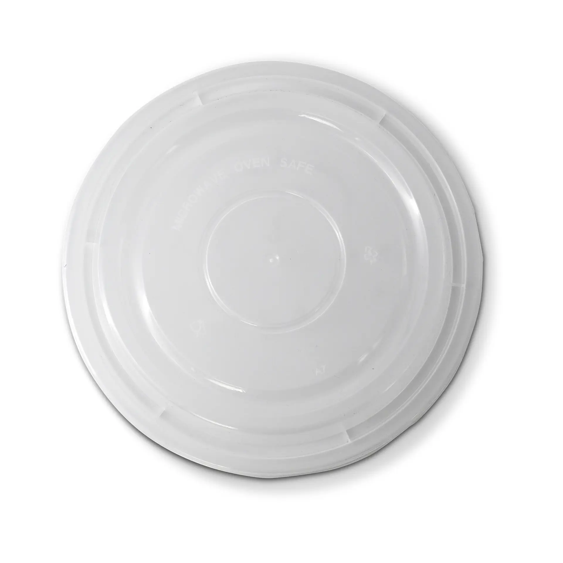 Reusable round transparent lid made of polypropylene; designed for hot and cold dishes, microwave, and dishwasher safe.