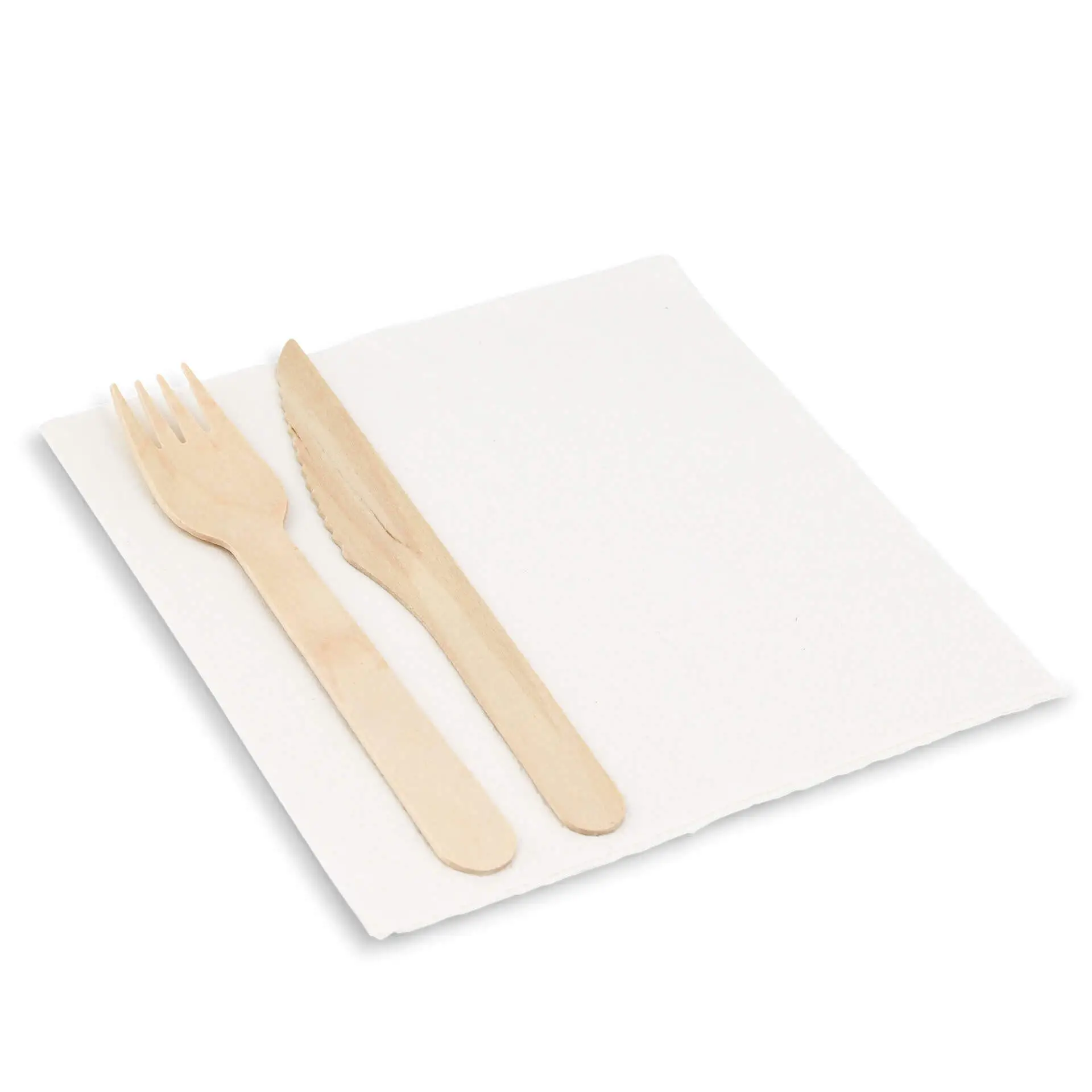 Set of wooden cutlery including a fork and knife on a white 2-ply napkin.