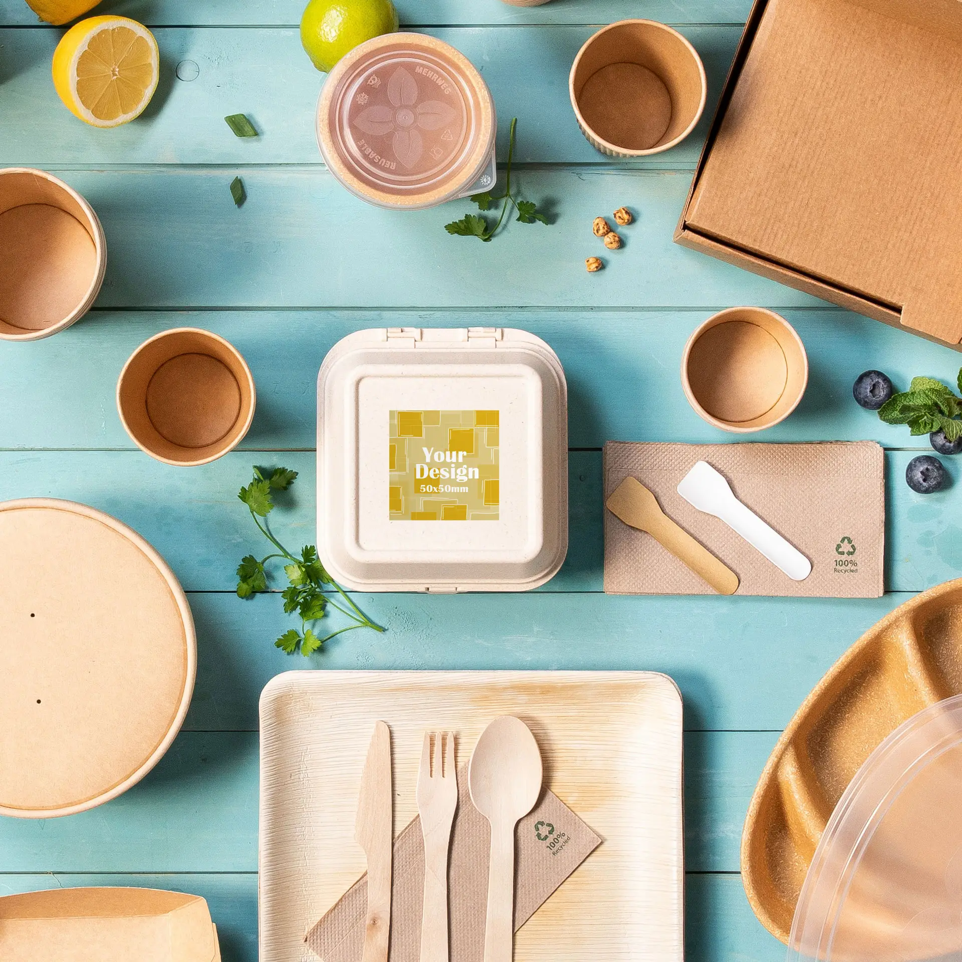 Square printed label on a white take-out container, with additional plain and patterned packaging items surrounding it.