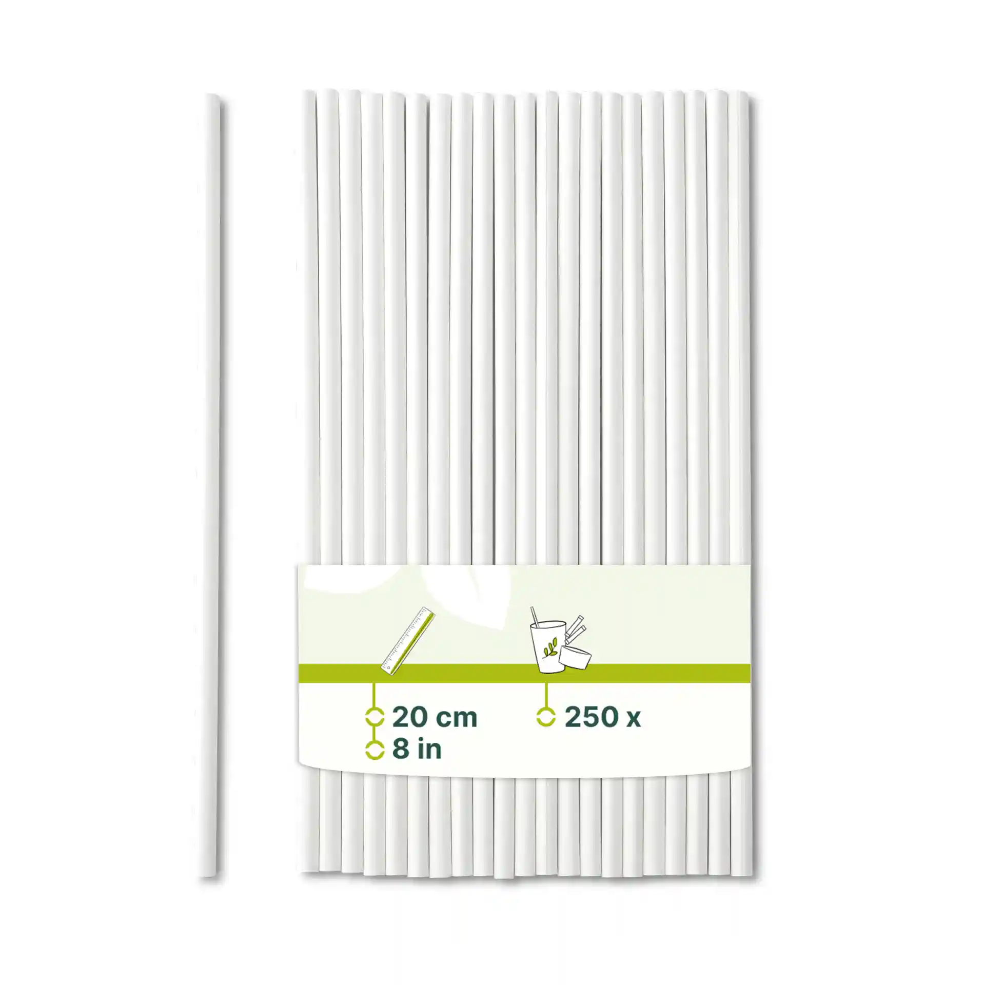 White paper straws, 20 cm long and 0.5 cm in diameter, arranged vertically with a label showing product details.