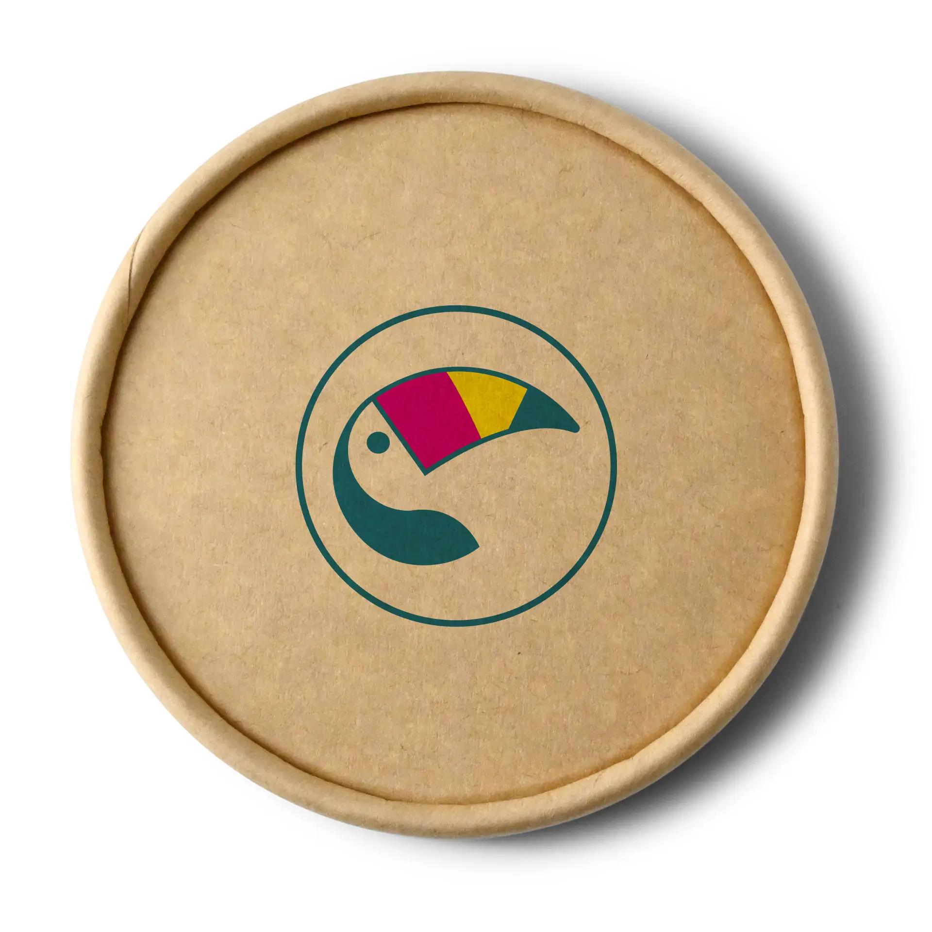 Custom printed brown cardboard lid for ice cream cup; features a colorful toucan logo in the center.