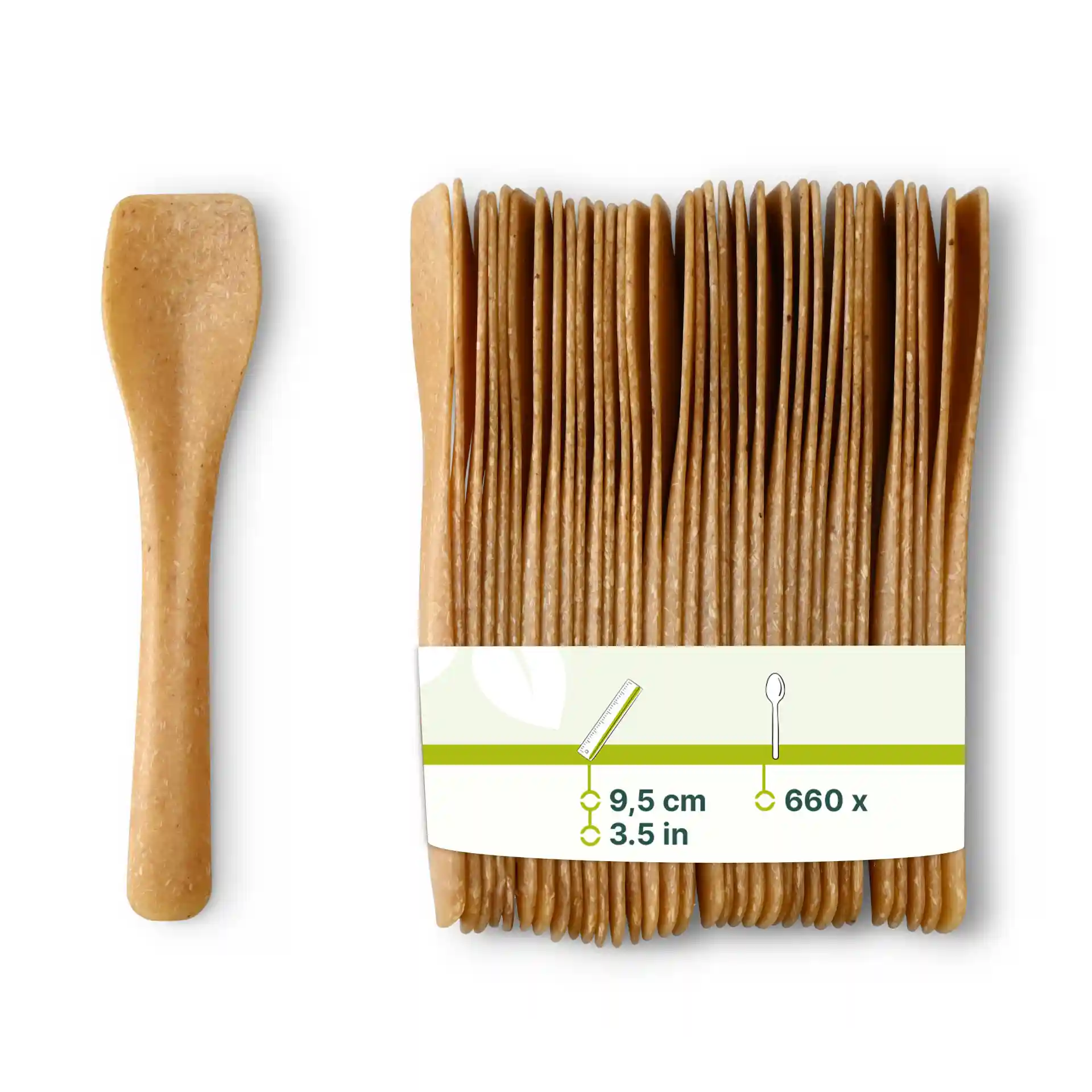 Brown reusable ice cream spoons, 9.5 cm long, with a stack of multiple spoons shown alongside a single spoon.