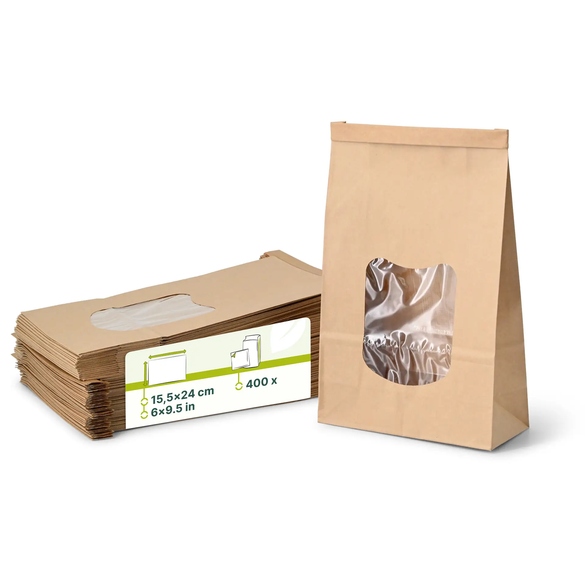 Block bottom bags with window L, 15.5 x 7 x 24 cm, PP-foil, brown, tin tie, kraft paper Block bottom bags with window L, 15.5 x 7 x 24 cm, PP-foil, brown, tin tie, kraft paper