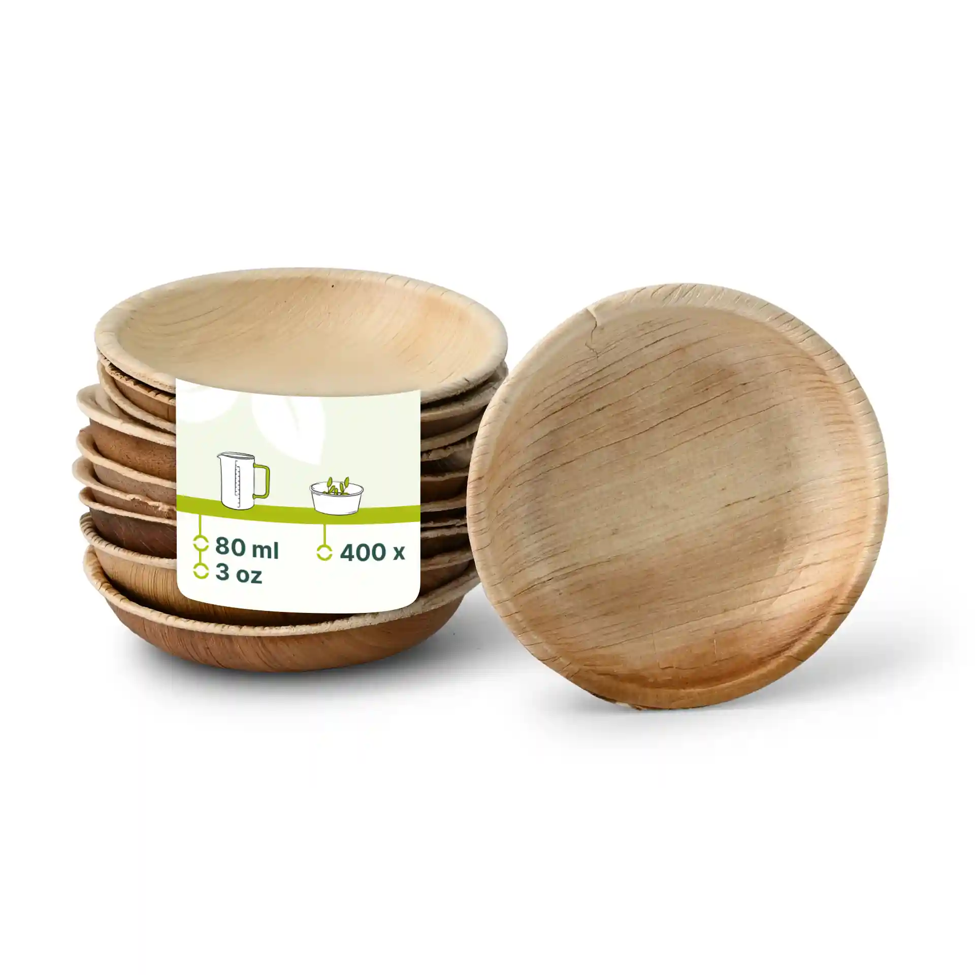 Round palm leaf bowls with a grain finish, stacked with a label showing 80 ml capacity and 400 count.
