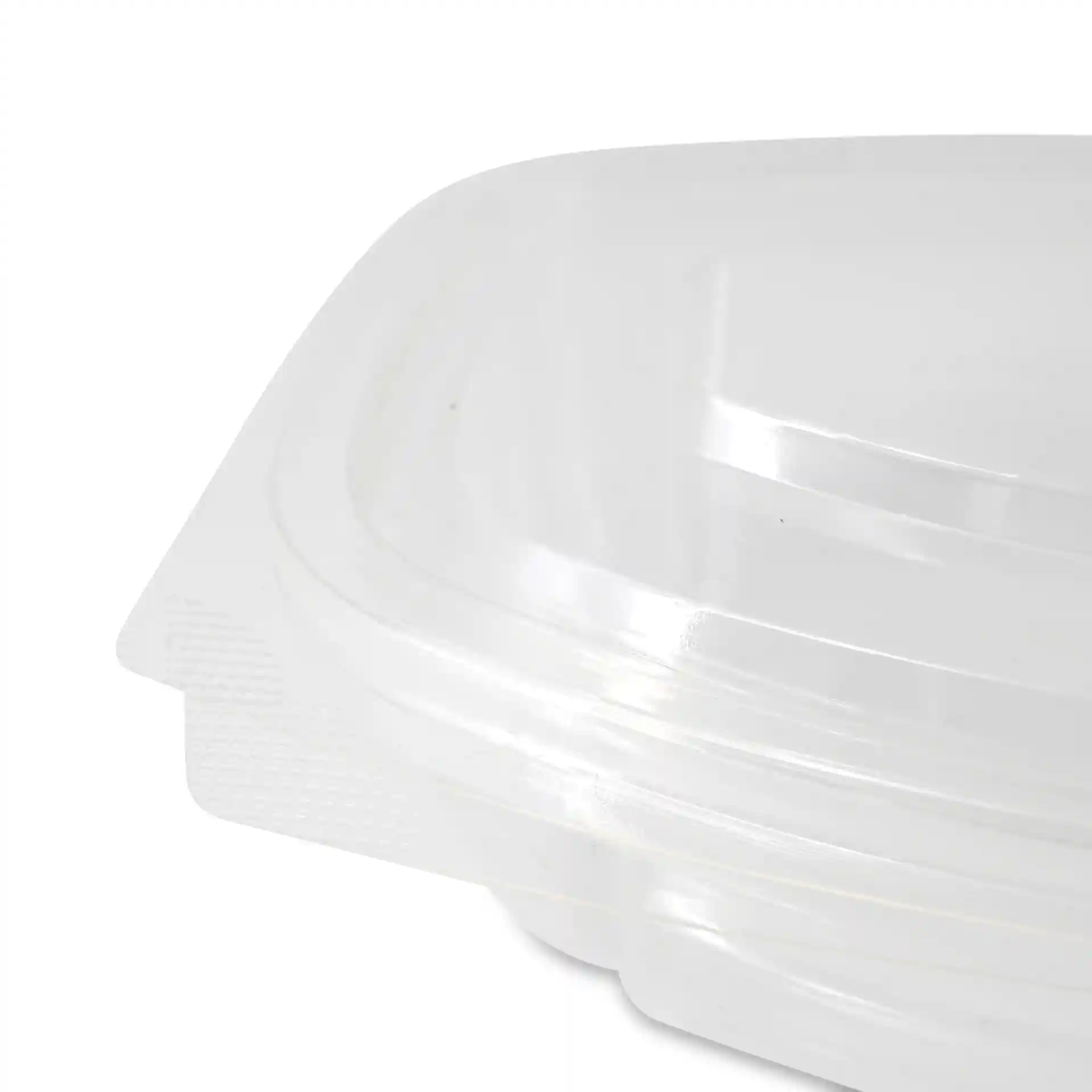 Transparent rectangular PLA deli bowl with a folding lid, showing a close-up of the edge and surface.
