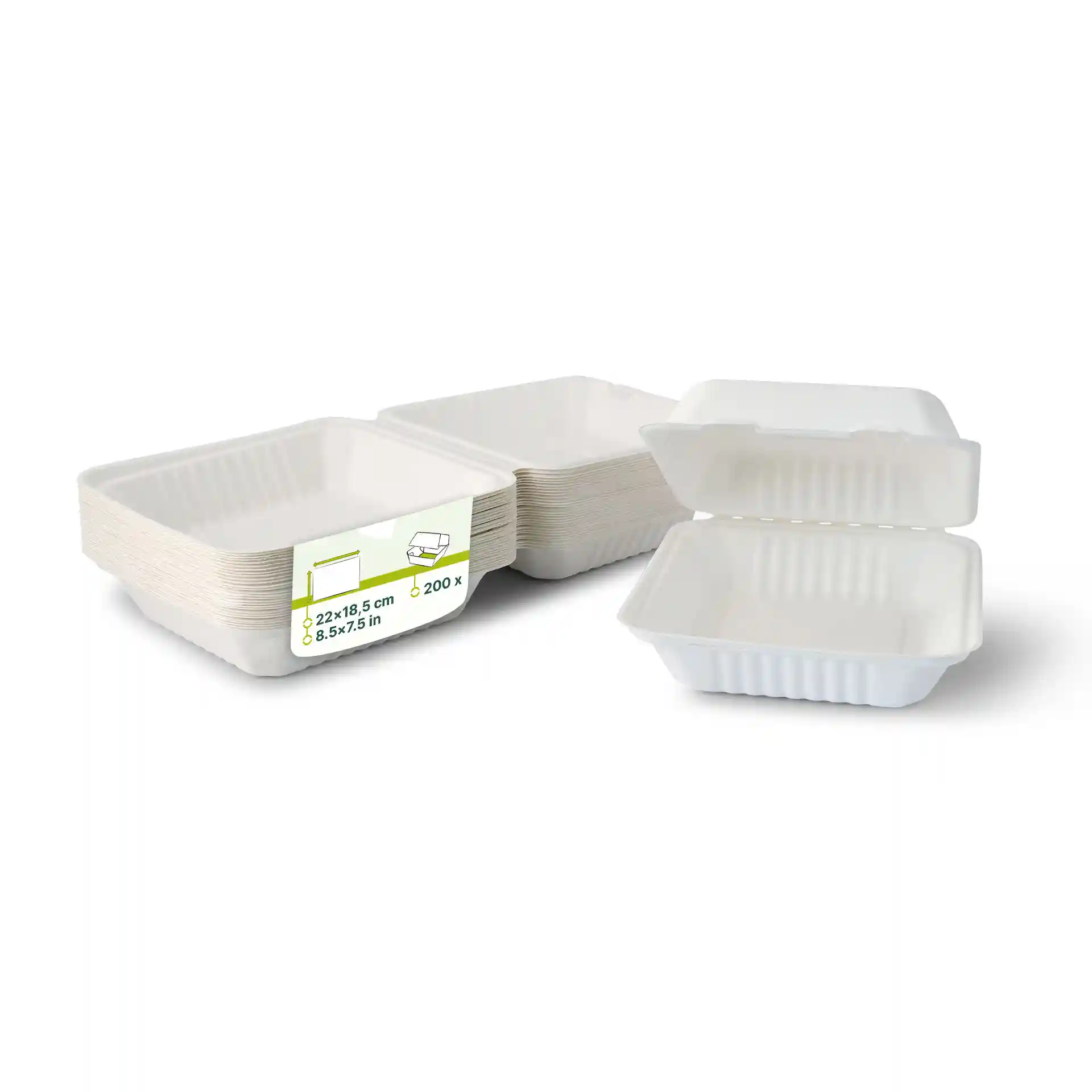 Stack of white sugarcane containers with hinged lids, one open, dimensions 22 x 18.5 cm.